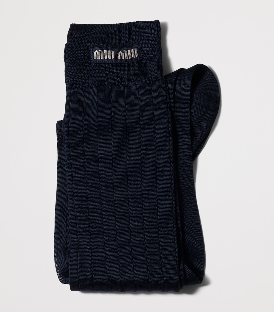 Miu Miu Womens Silk-Blend Logo Socks Blue Image 2
