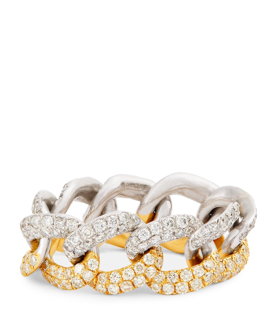 White, Yellow Gold and Diamond Pavé Link Ring YELLOW GOLD Image 1