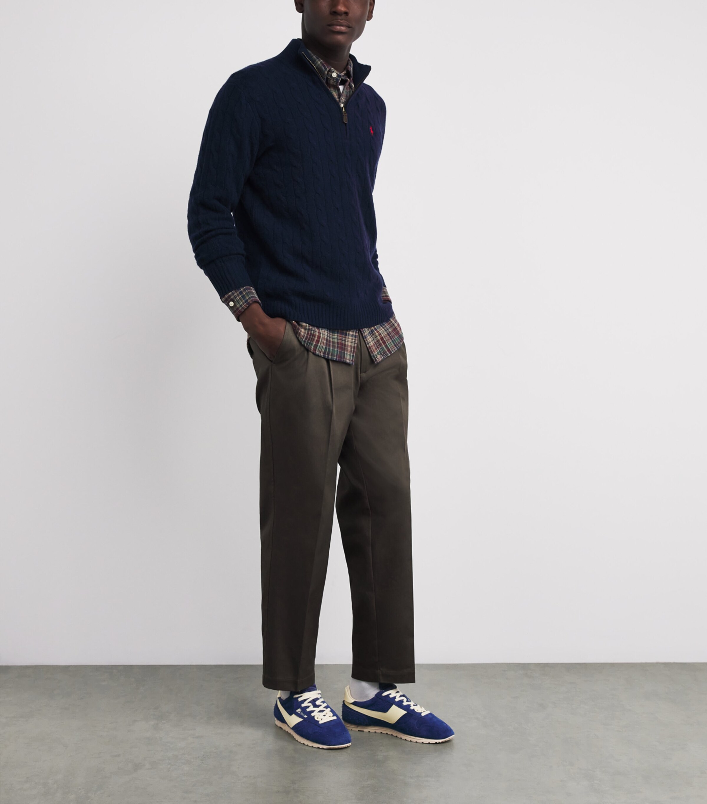 Polo Ralph Lauren Mens Wool-Cashmere Cable-Knit Quarter-Zip Sweater Blue Image 2