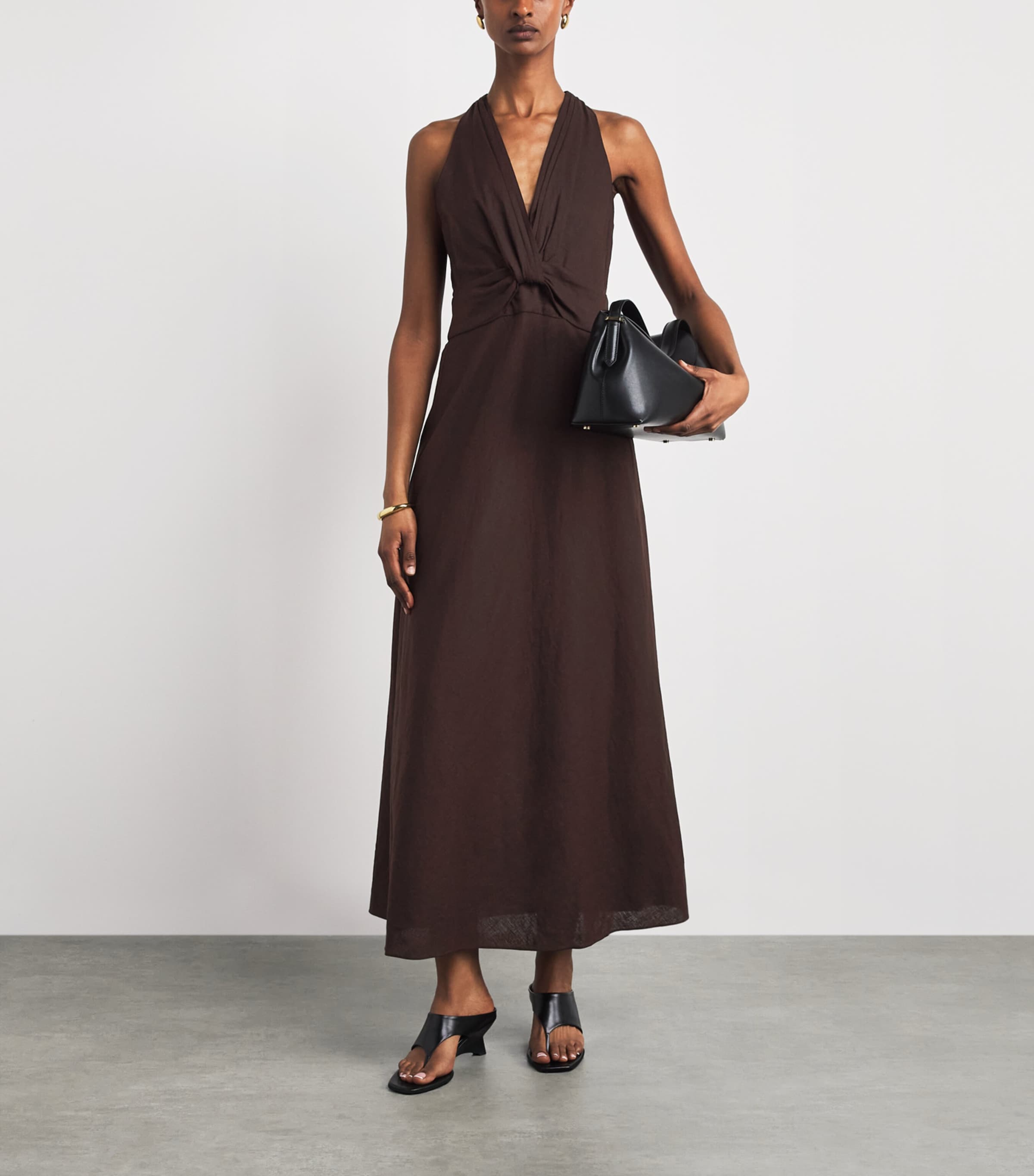 ME+EM Womens Linen-Blend Twist-Front Midi Dress Cocoa Brown Image 2
