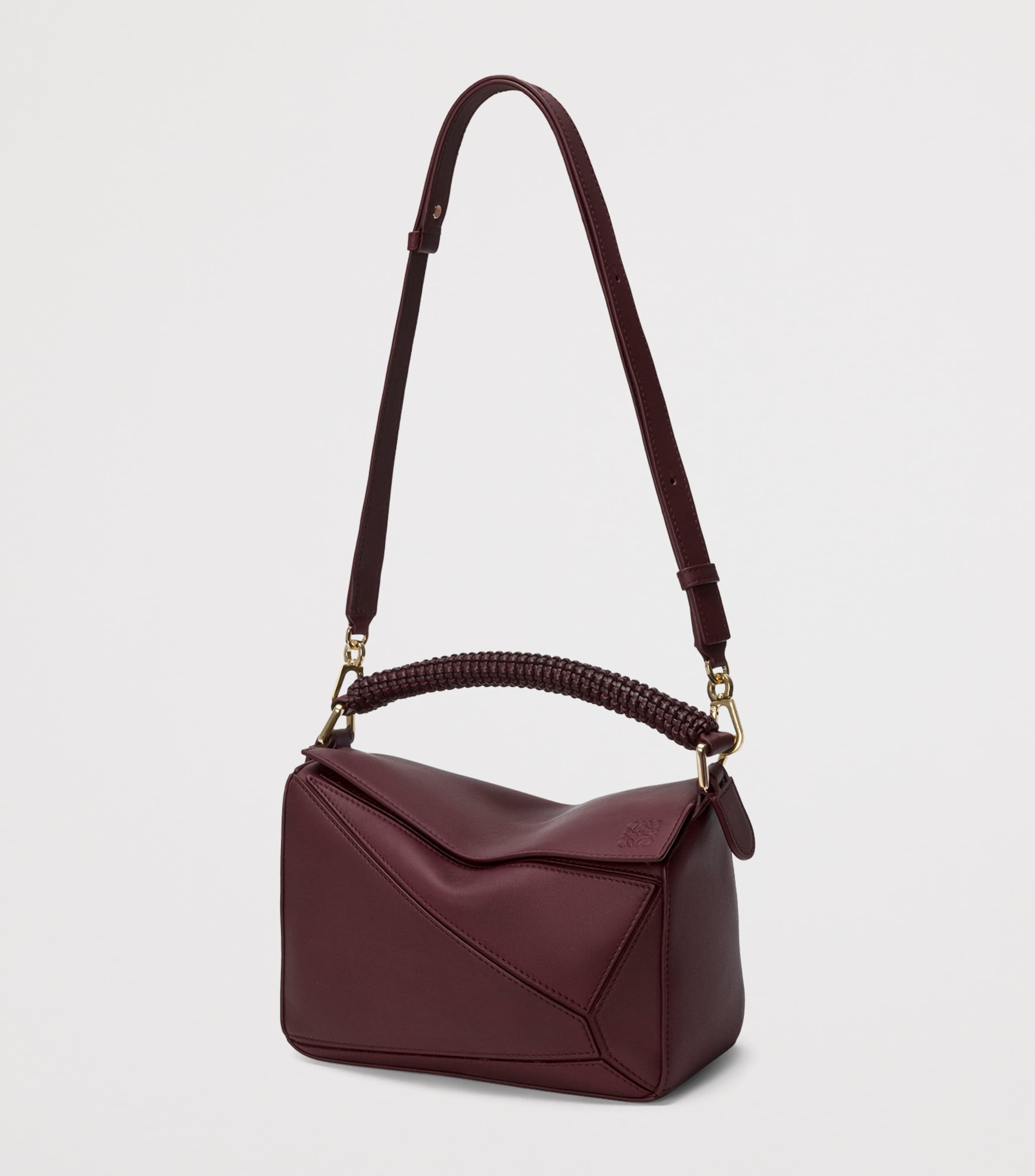 Small Leather Puzzle Woven Top-Handle Bag DARK BURGUNDY Image 5