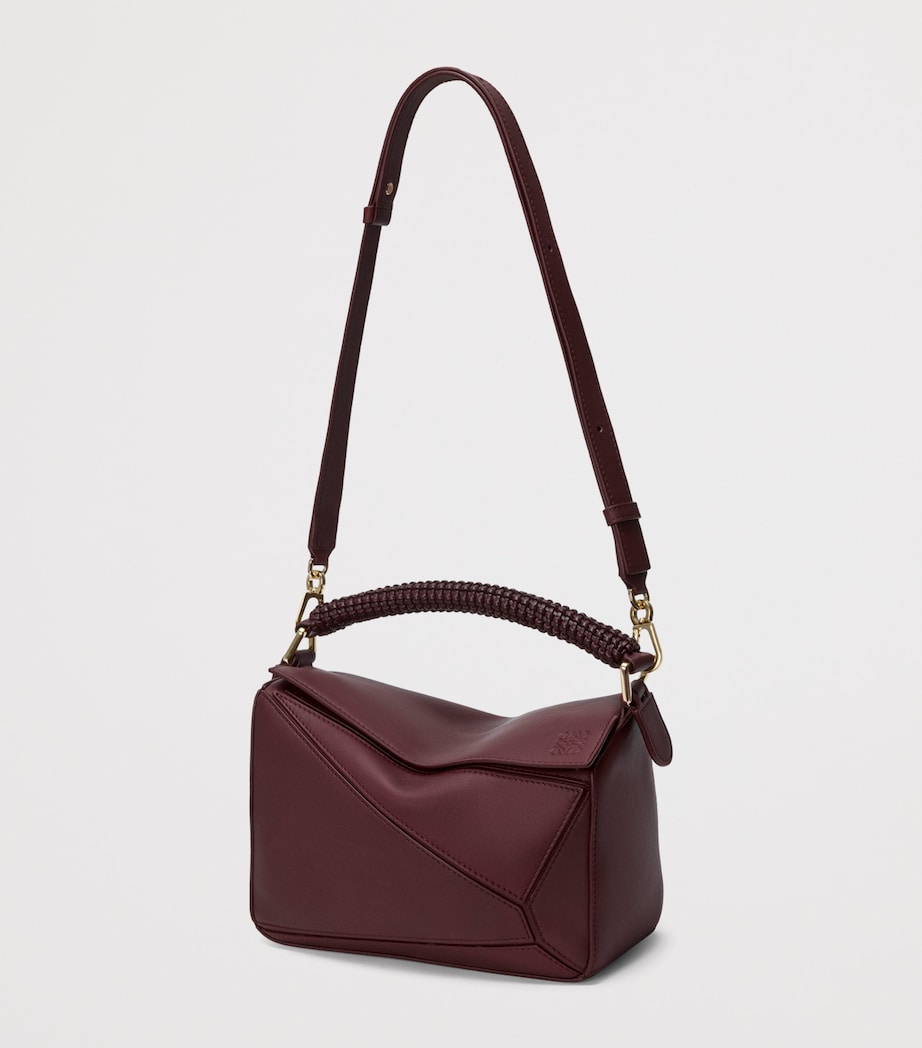 Small Leather Puzzle Woven Top-Handle Bag DARK BURGUNDY Image 5