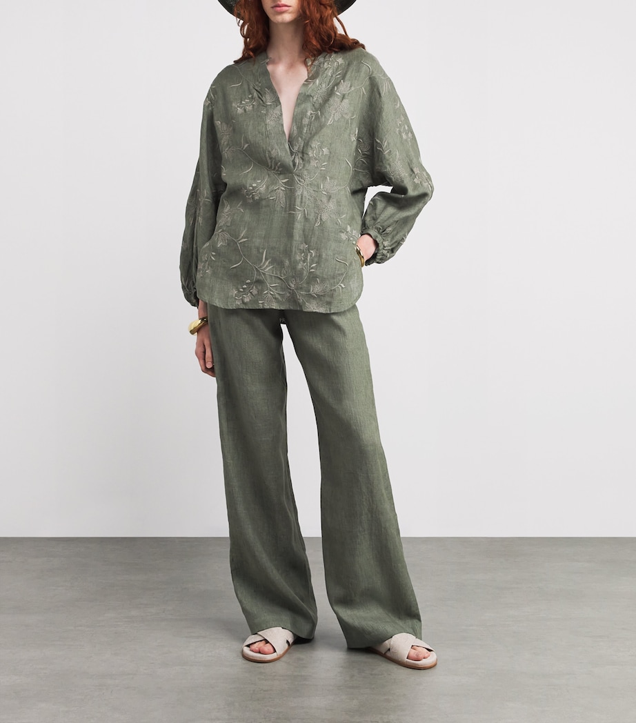 Eleventy Womens x Harrods Linen Floral-Embroidered Blouse Military Green Image 2