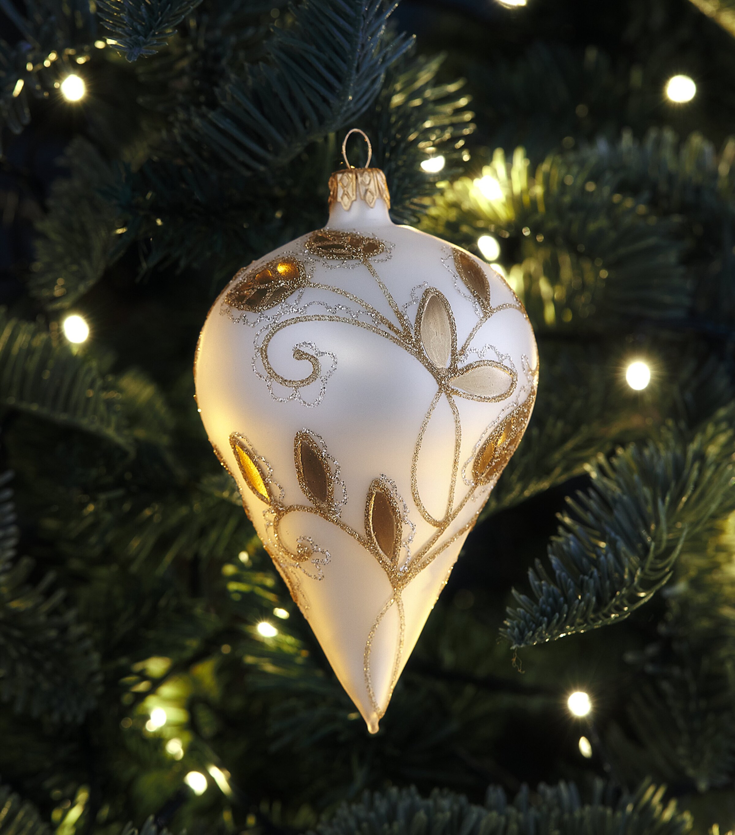 Harrods Glitter Leaves Teardrop Tree Decoration White Image 3