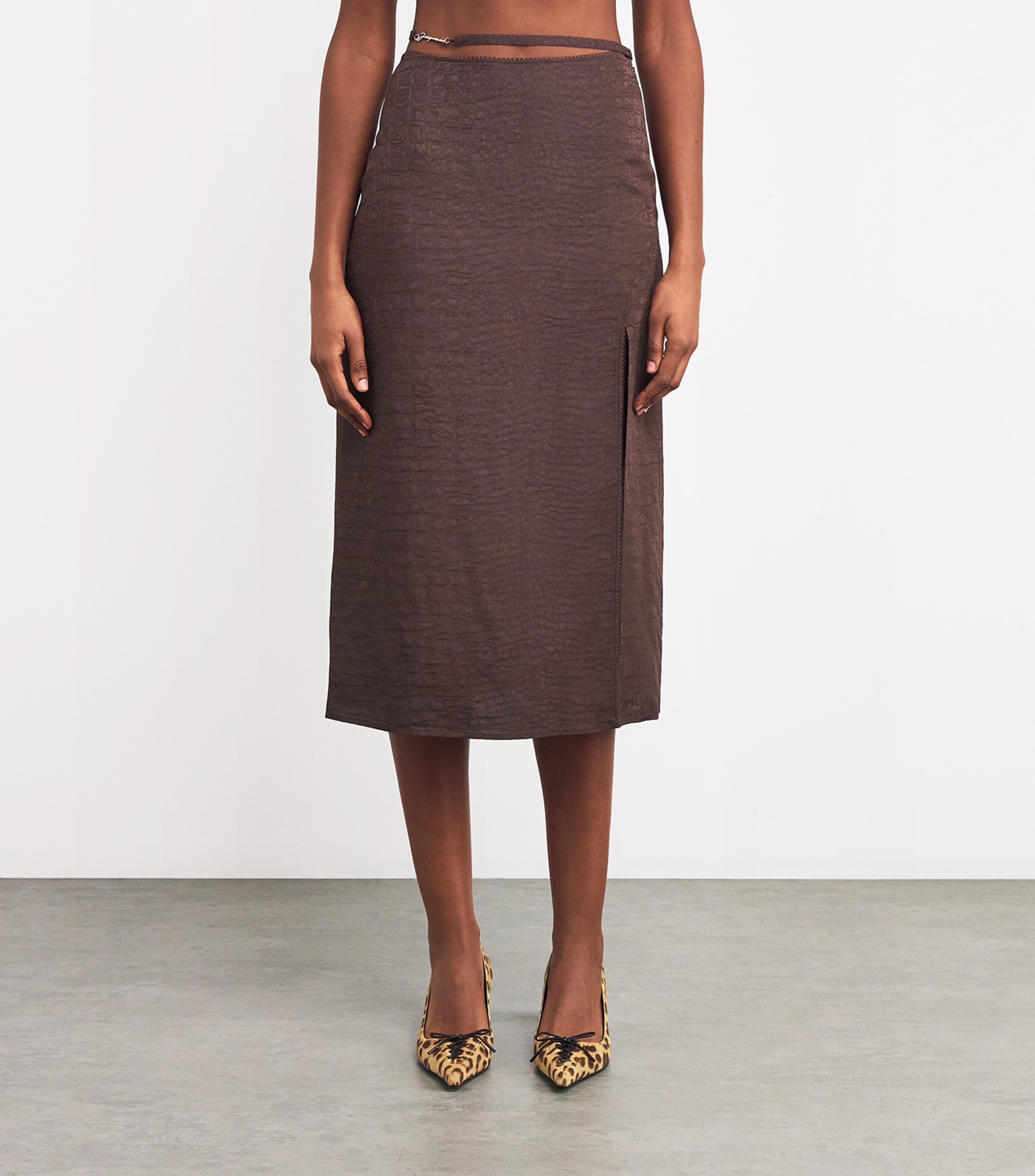 Jacquemus Womens Croc-Effect Belted Midi Skirt Croco Brown Image 3