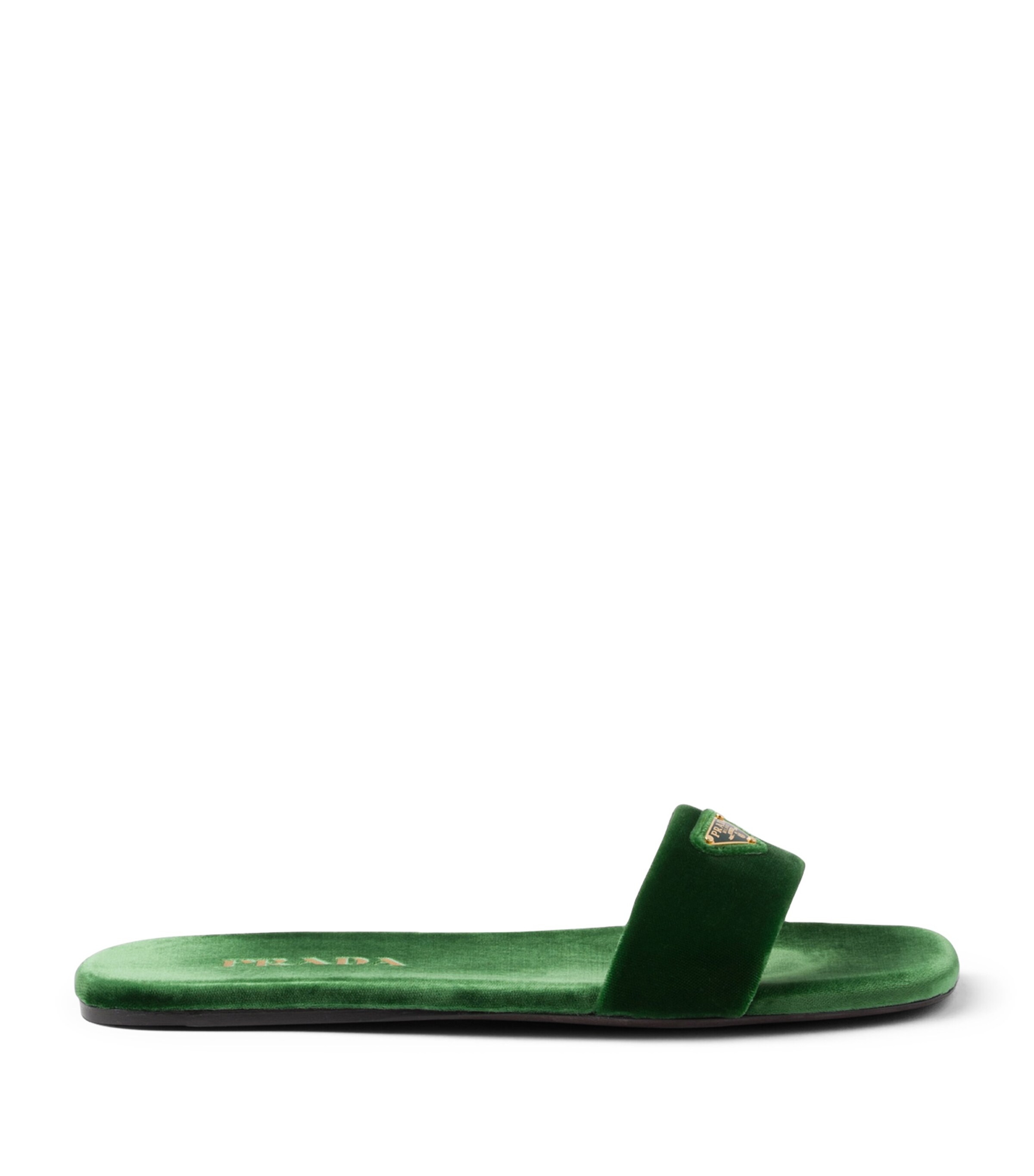 Prada Triangle-logo Velvet Slides In Green