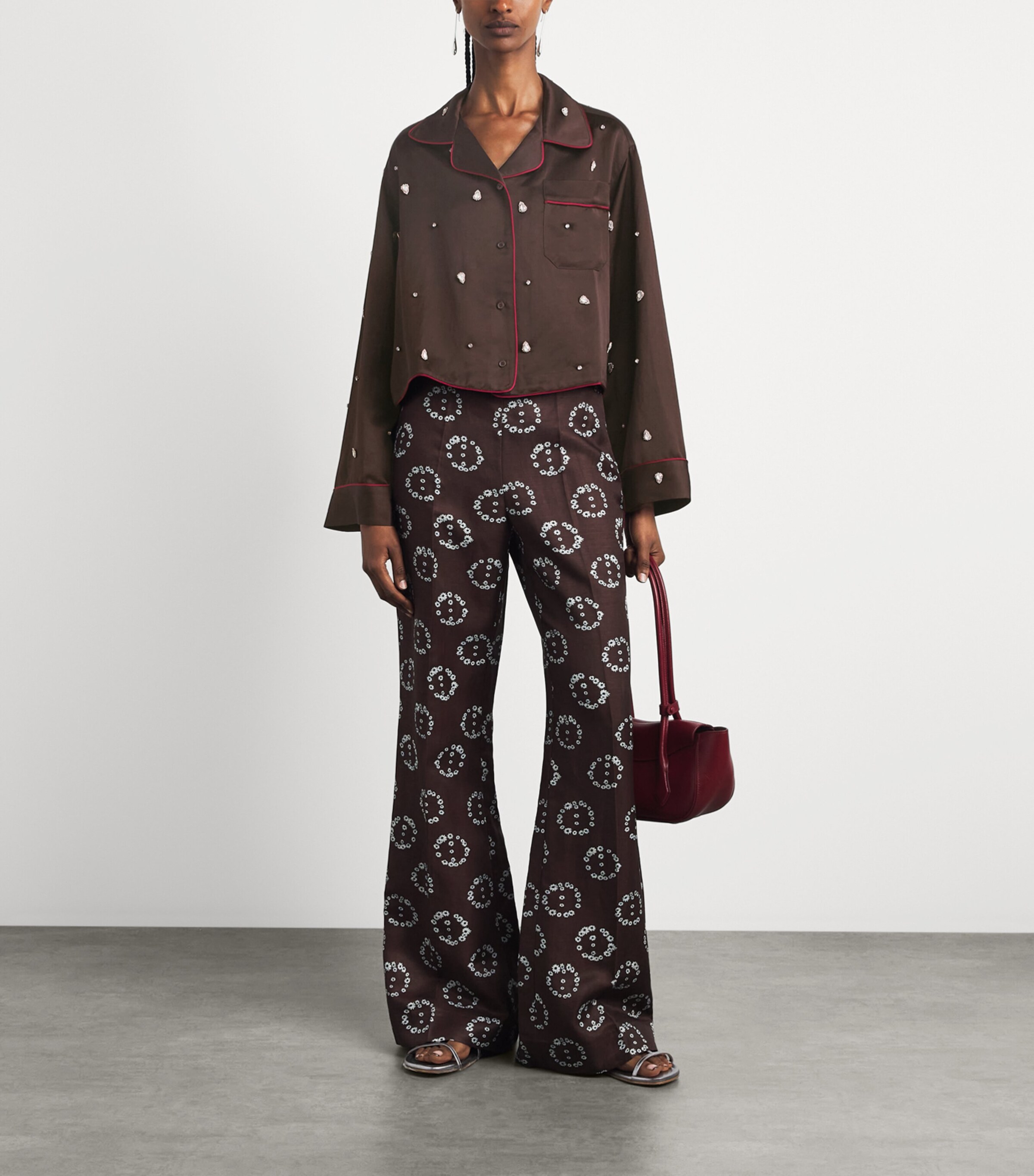 Sandro Paris Womens Embellished Pyjama-Style Shirt Brown Image 2