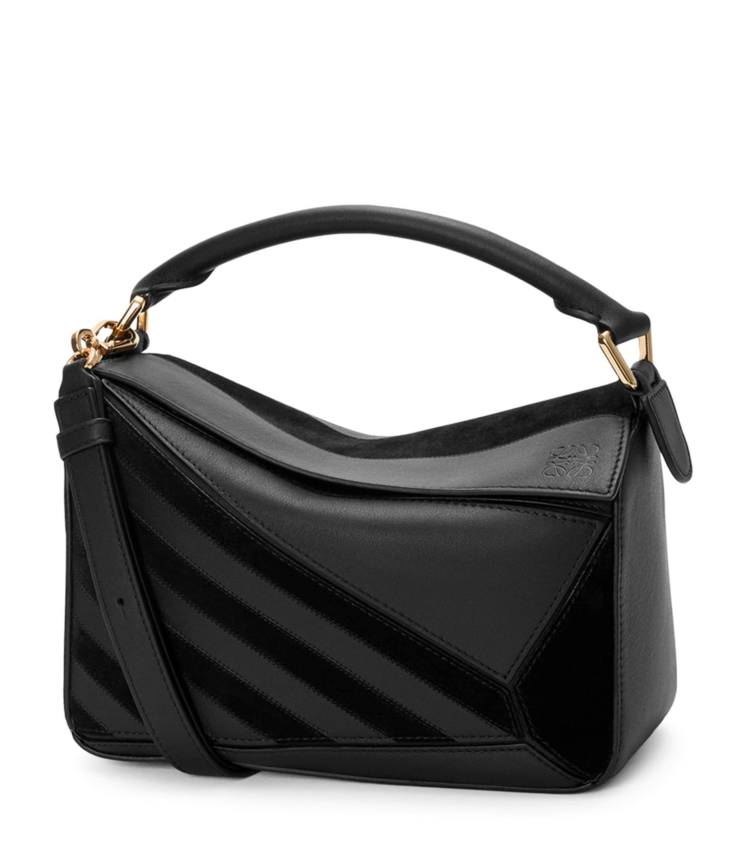 LOEWE Black Small Leather Stripe Puzzle Edge Top-Handle Bag