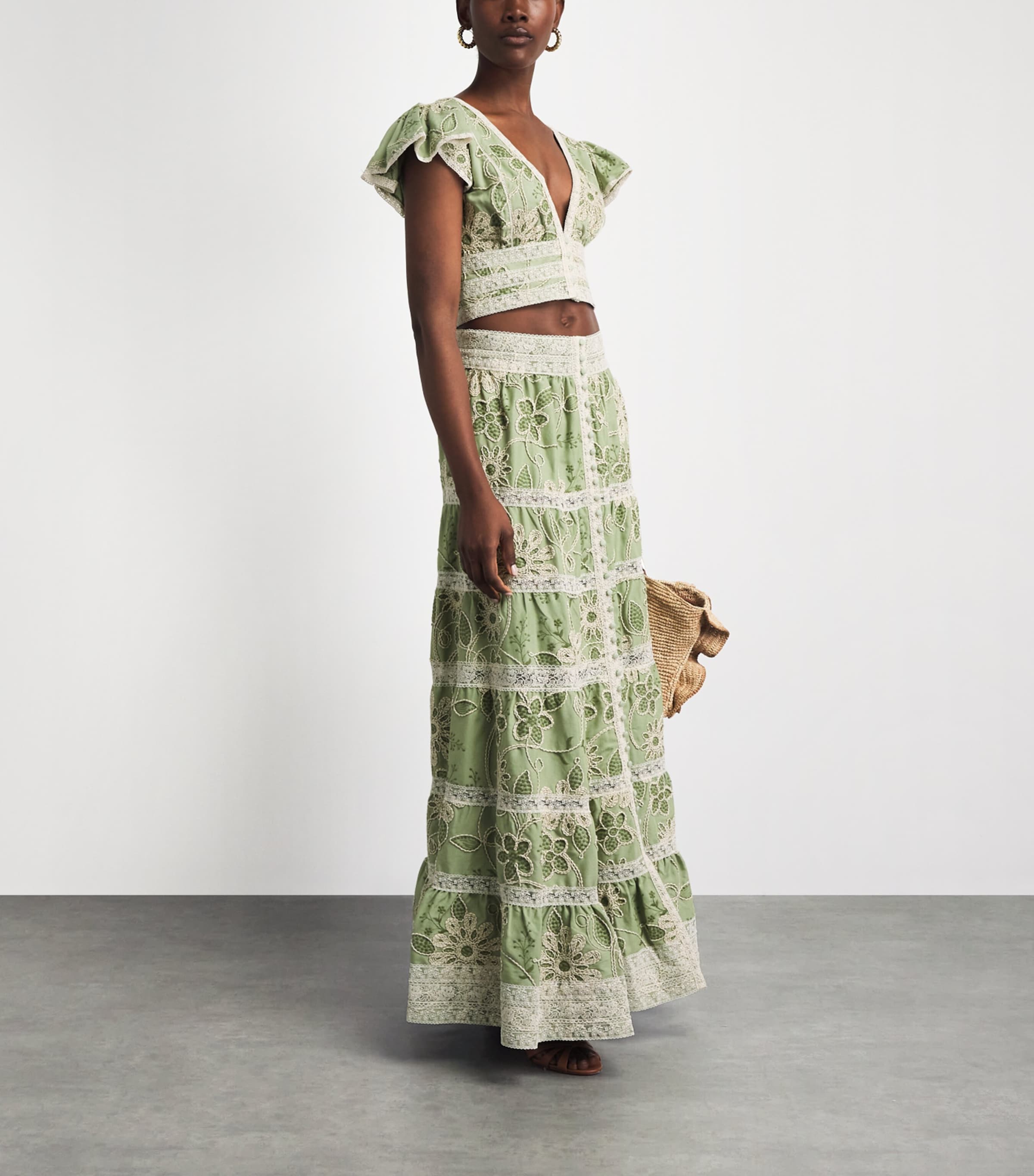 Alice+Olivia Womens Embroidered Adira Maxi Skirt Green Lily/oatmeal Image 2