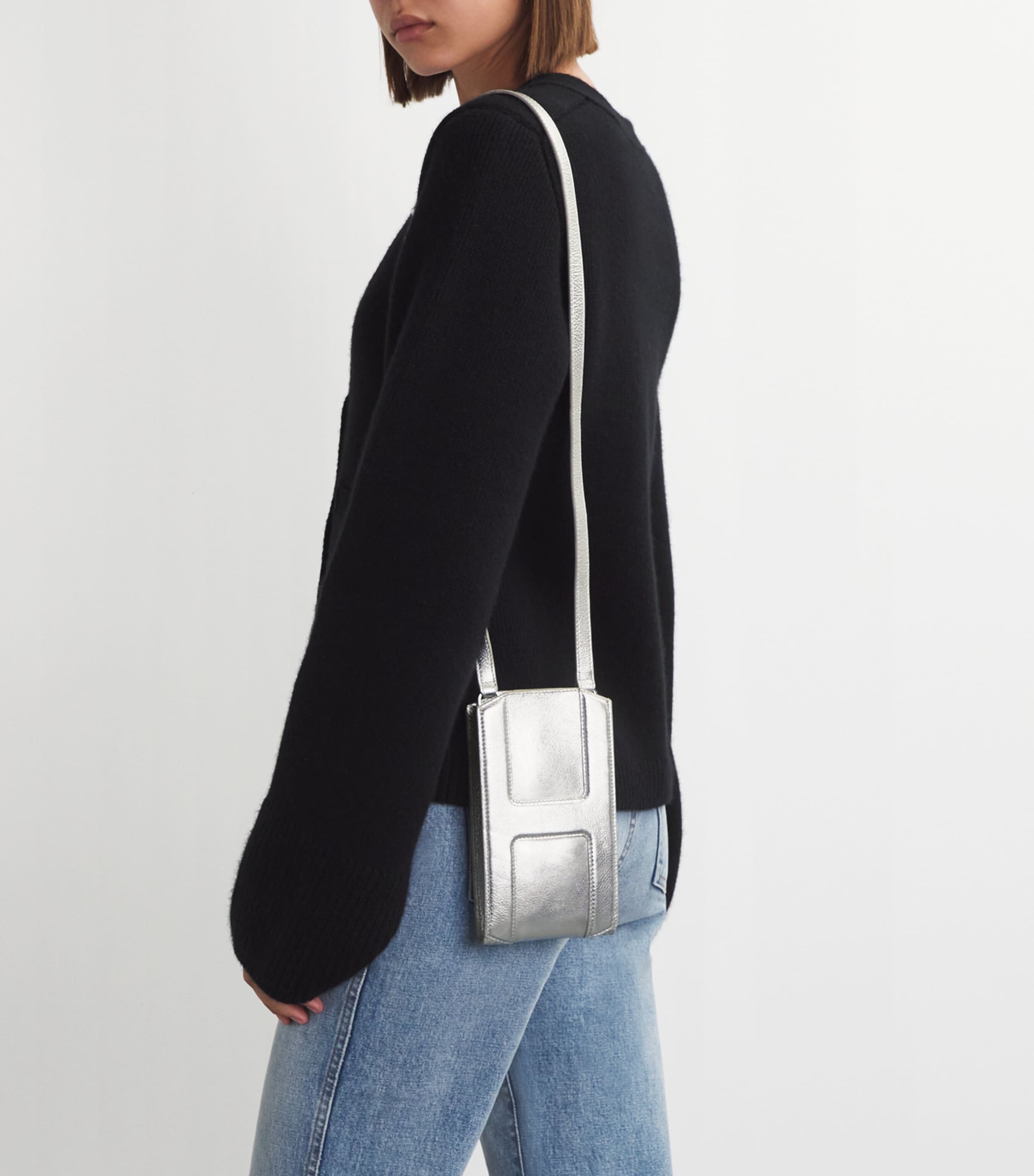 Harrods Leather Metallic Phone Pouch Silver Image 2