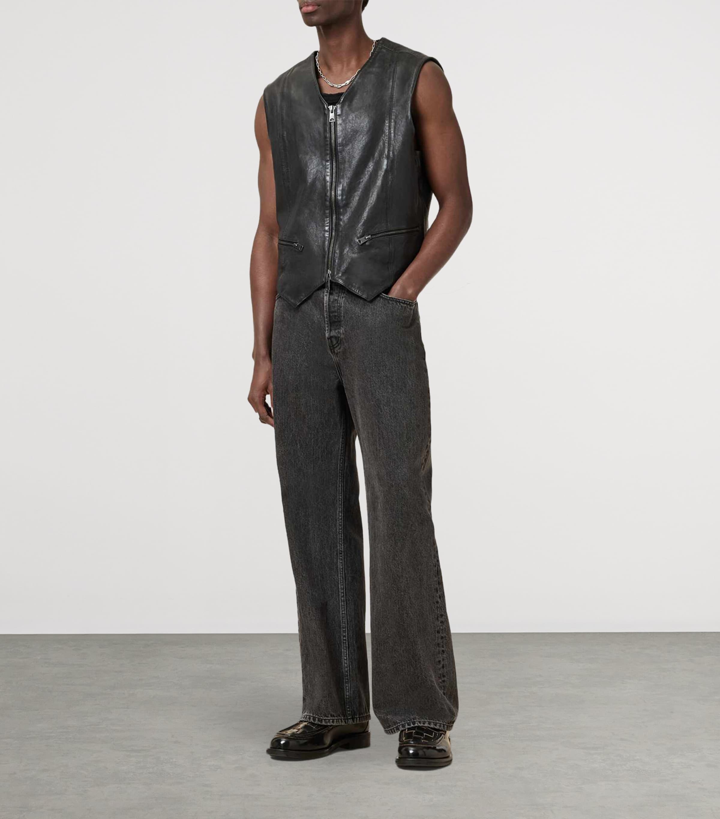AllSaints Mens Leather Davies Waistcoat Black Image 2