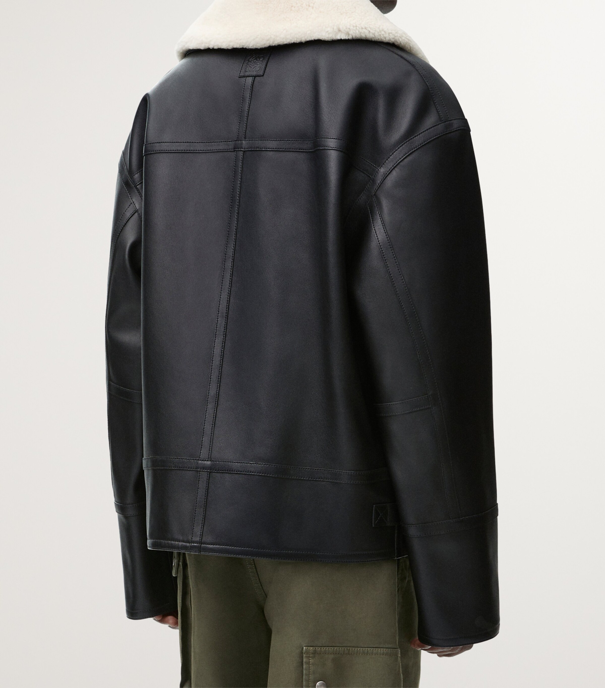 Leather Shearling-Collar Aviator Jacket BLACK Image 4
