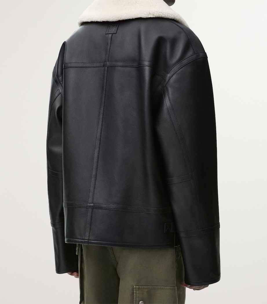 Leather Shearling-Collar Aviator Jacket BLACK Image 4