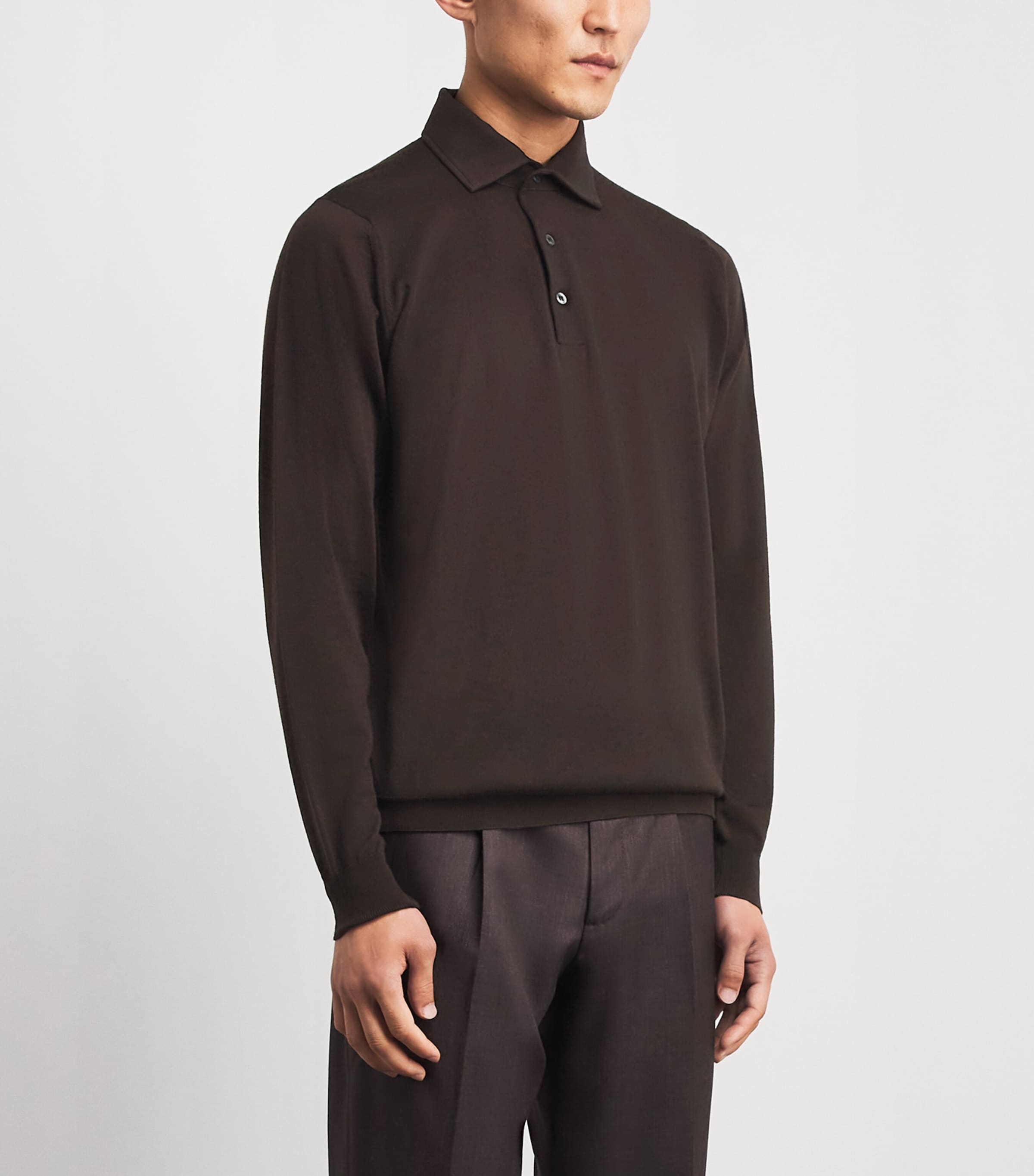 Lardini Mens Virgin Wool Long-Sleeve Polo Shirt Brown Image 4