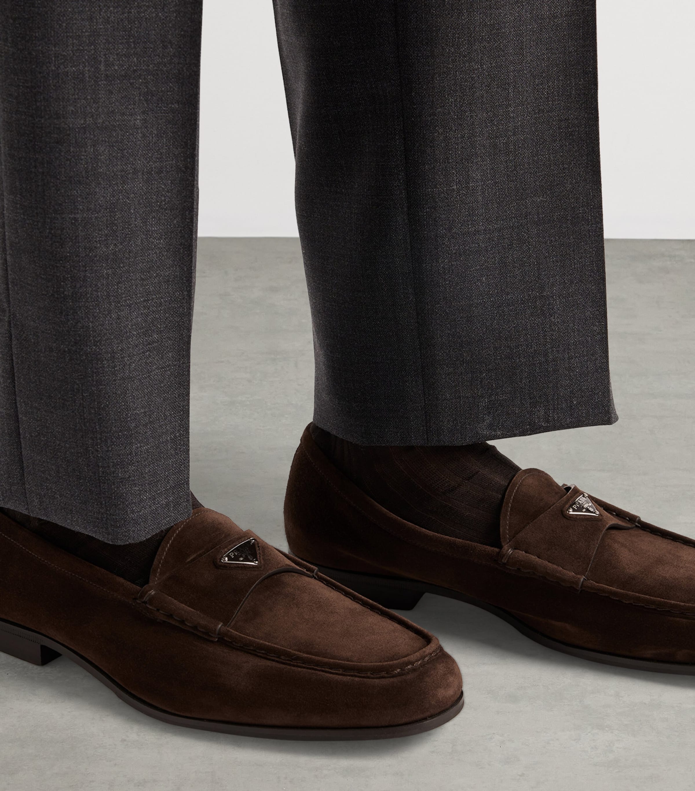 Prada Brown Suede Triangle Loafers | Harrods UK display picture 1