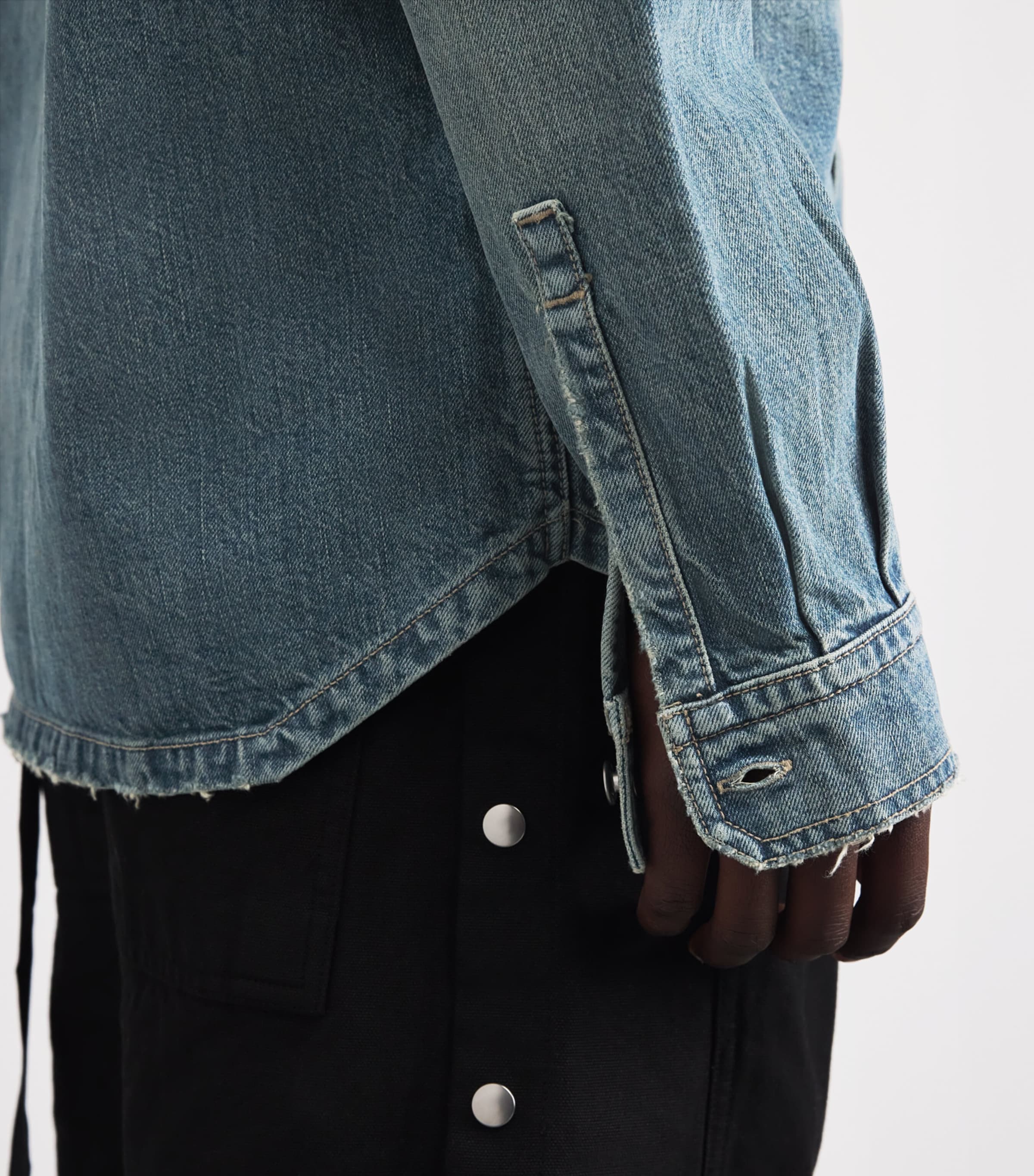 Rick Owens Mens Distressed Denim Overshirt Washed Indigo Image 3