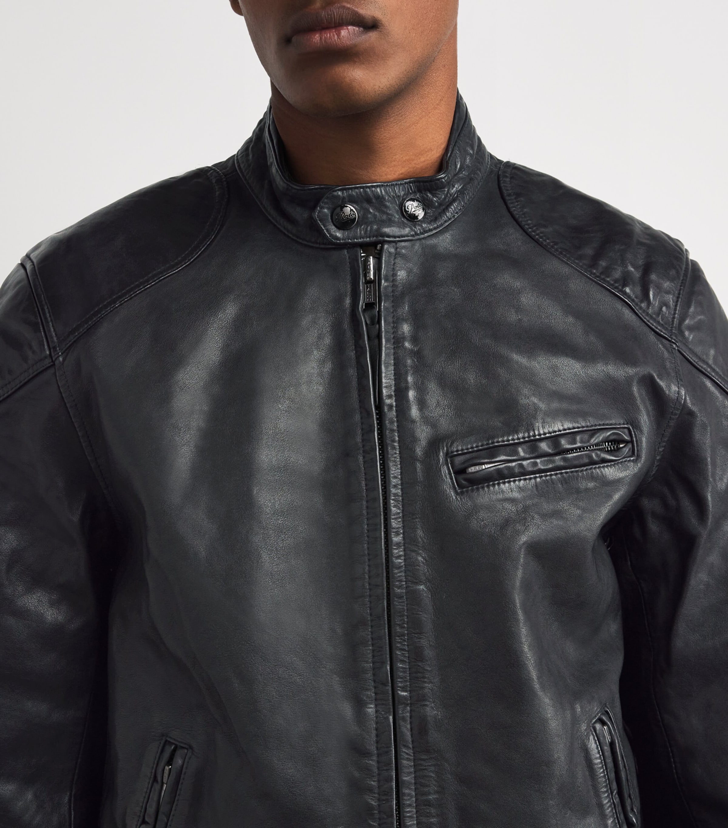 Calf Leather Solid Racing Jacket BLACK Image 6