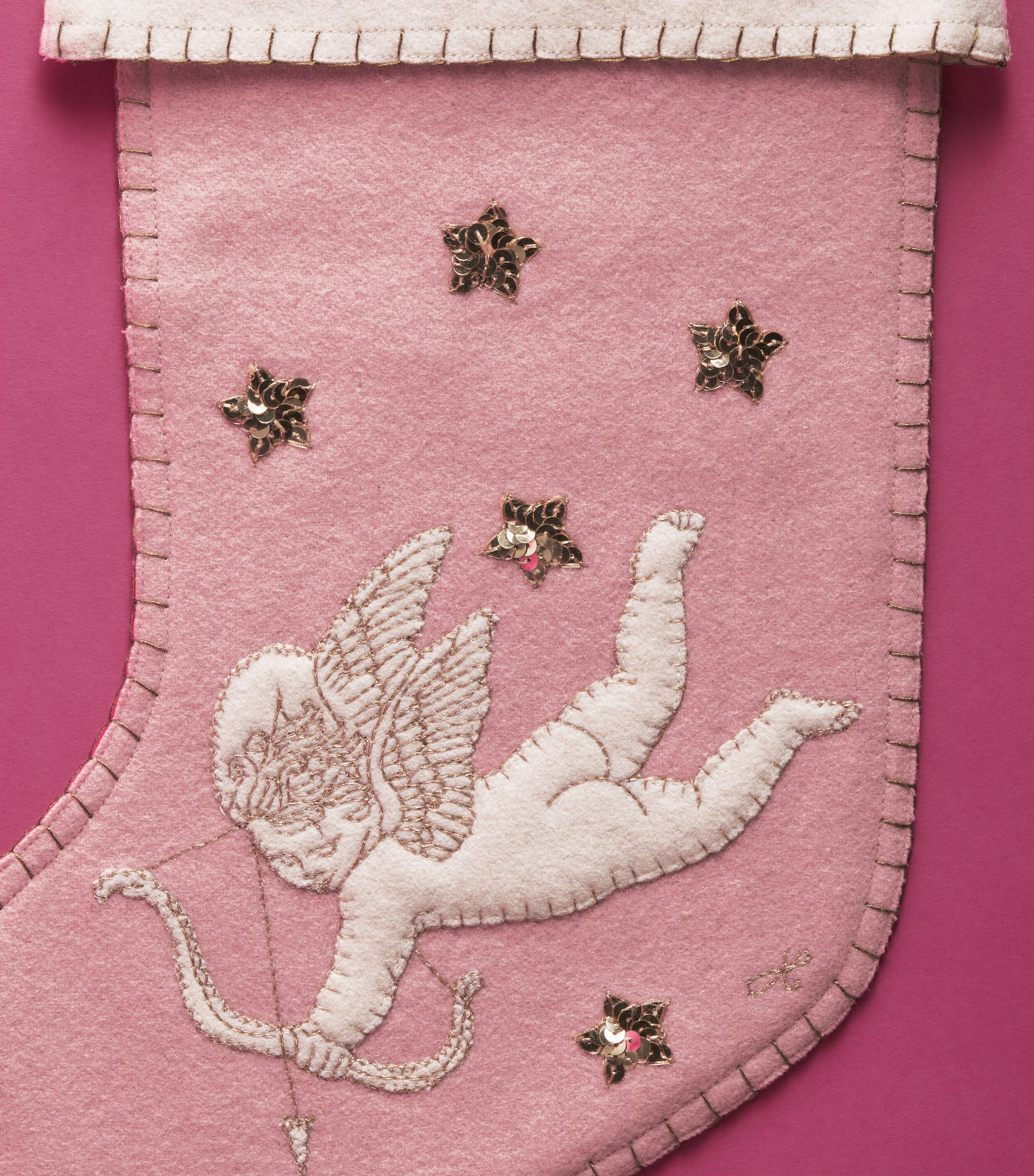Jan Constantine Wool Embroidered Cupid Stocking Pink/cream Cuff Image 2