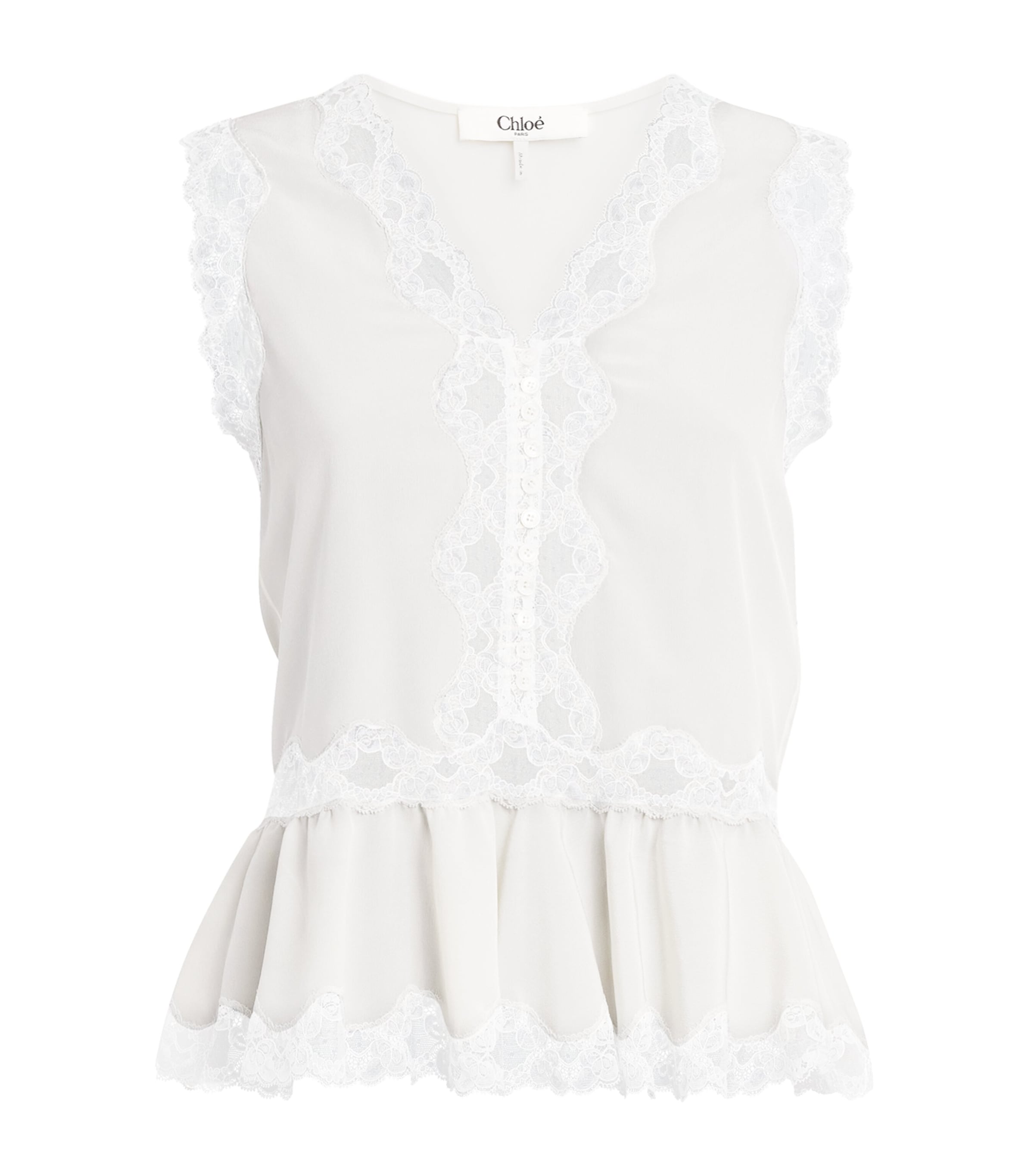 Chloé Womens Silk Crepe de Chine Lace Peplum Top Coconut Milk Image 1