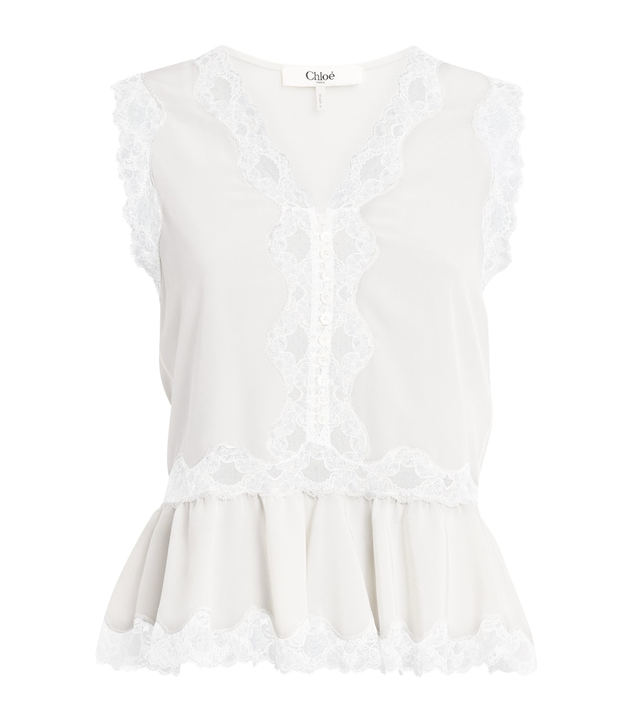 Chloé Womens Silk Crepe de Chine Lace Peplum Top Coconut Milk Image 1