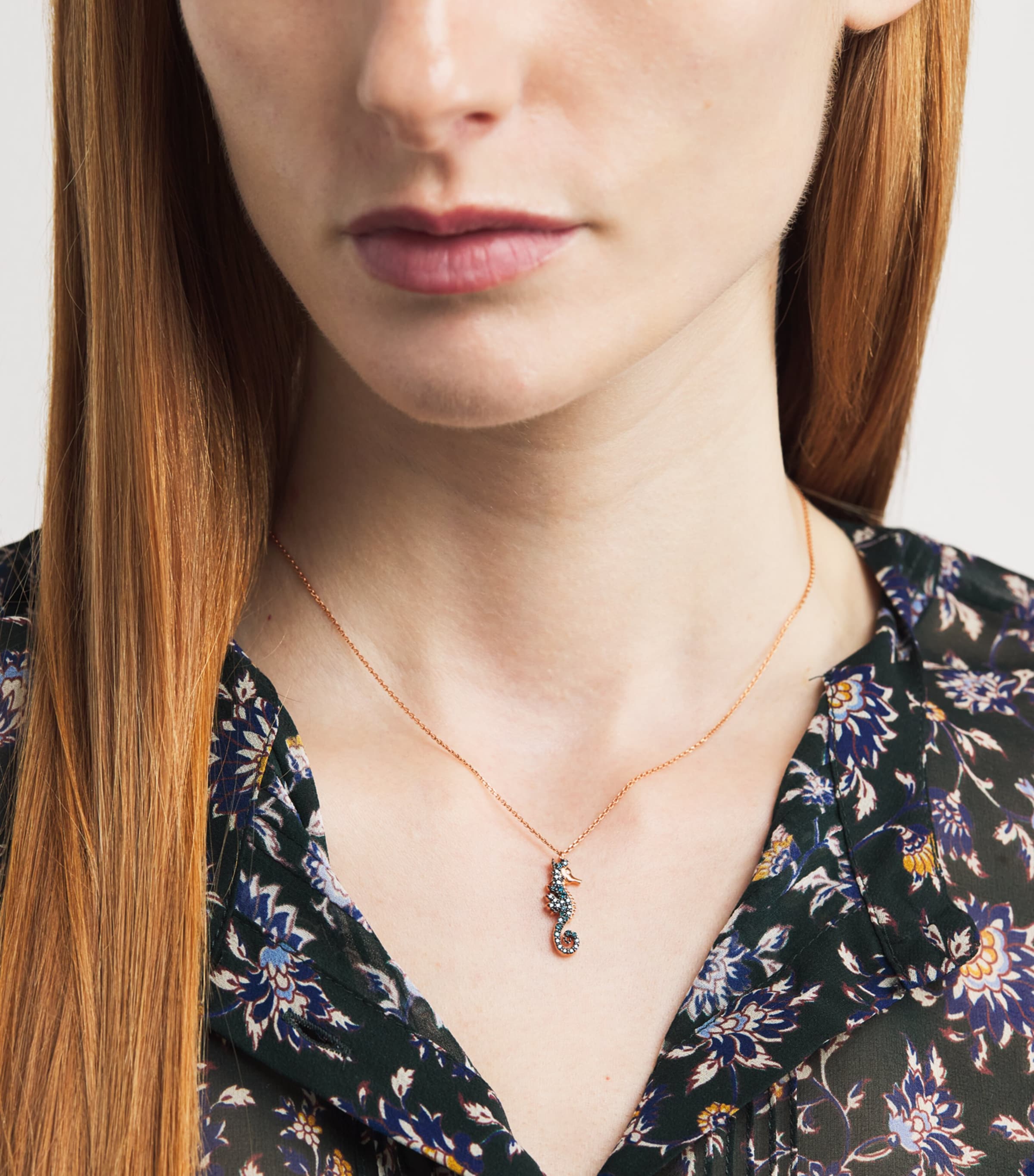 Rose Gold and Blue Diamond Seahorse Necklace BLUE Image 2