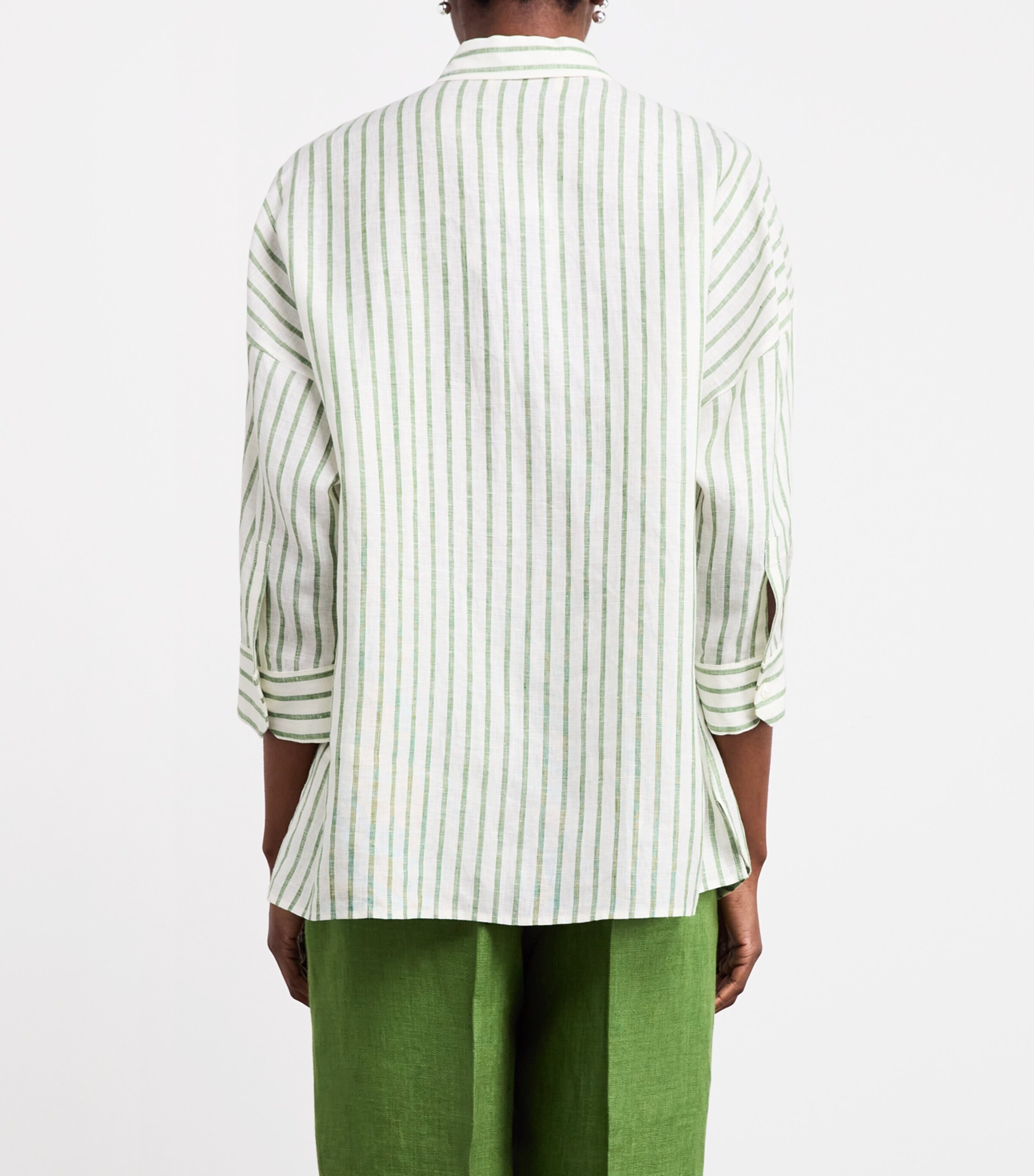 Linen Cropped-Sleeve Stripe Shirt GREEN Image 4
