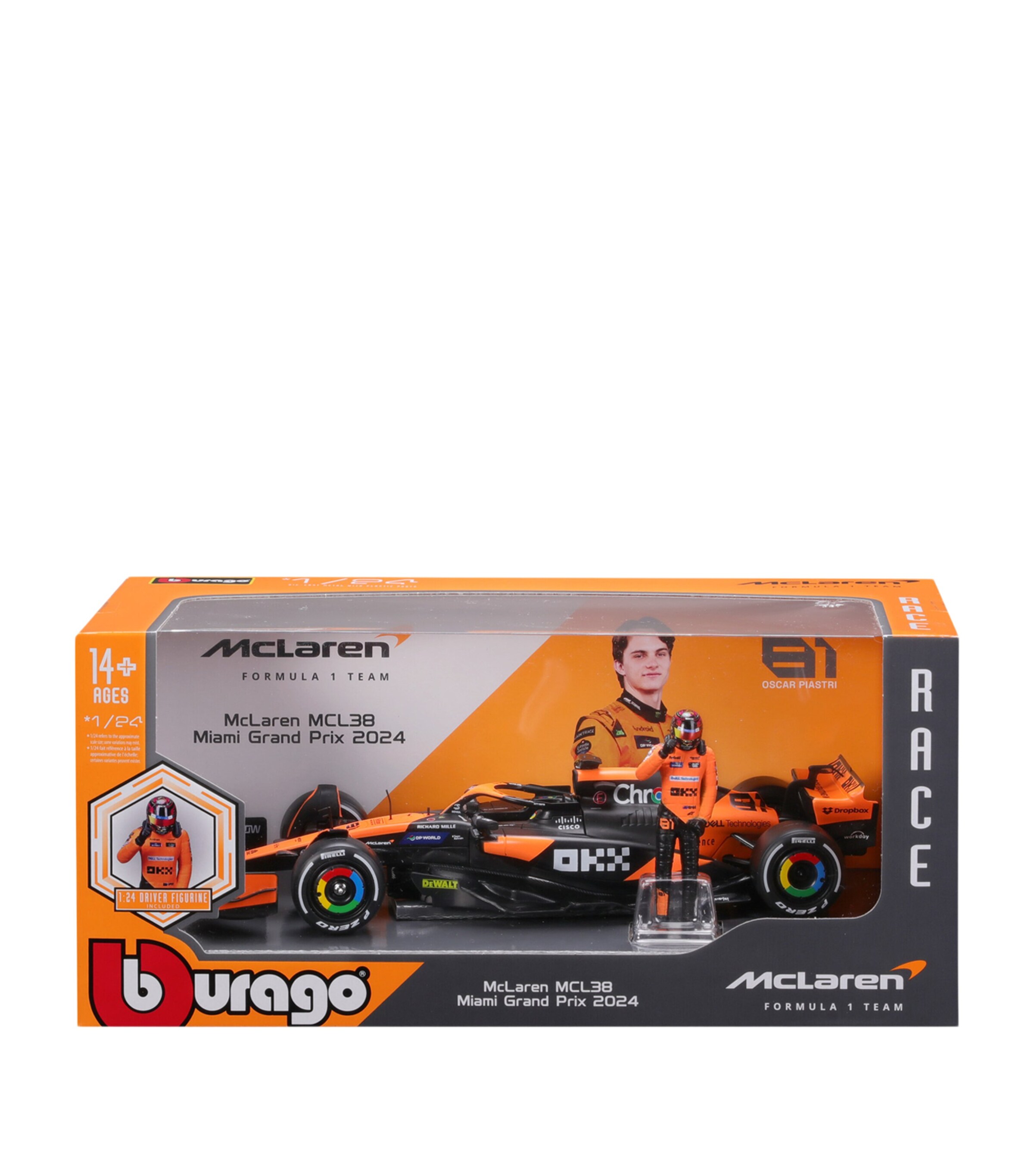 Bburago McLaren F1 MCL38 2024 1:24 Model with Oscar Piastri Figure Image 2