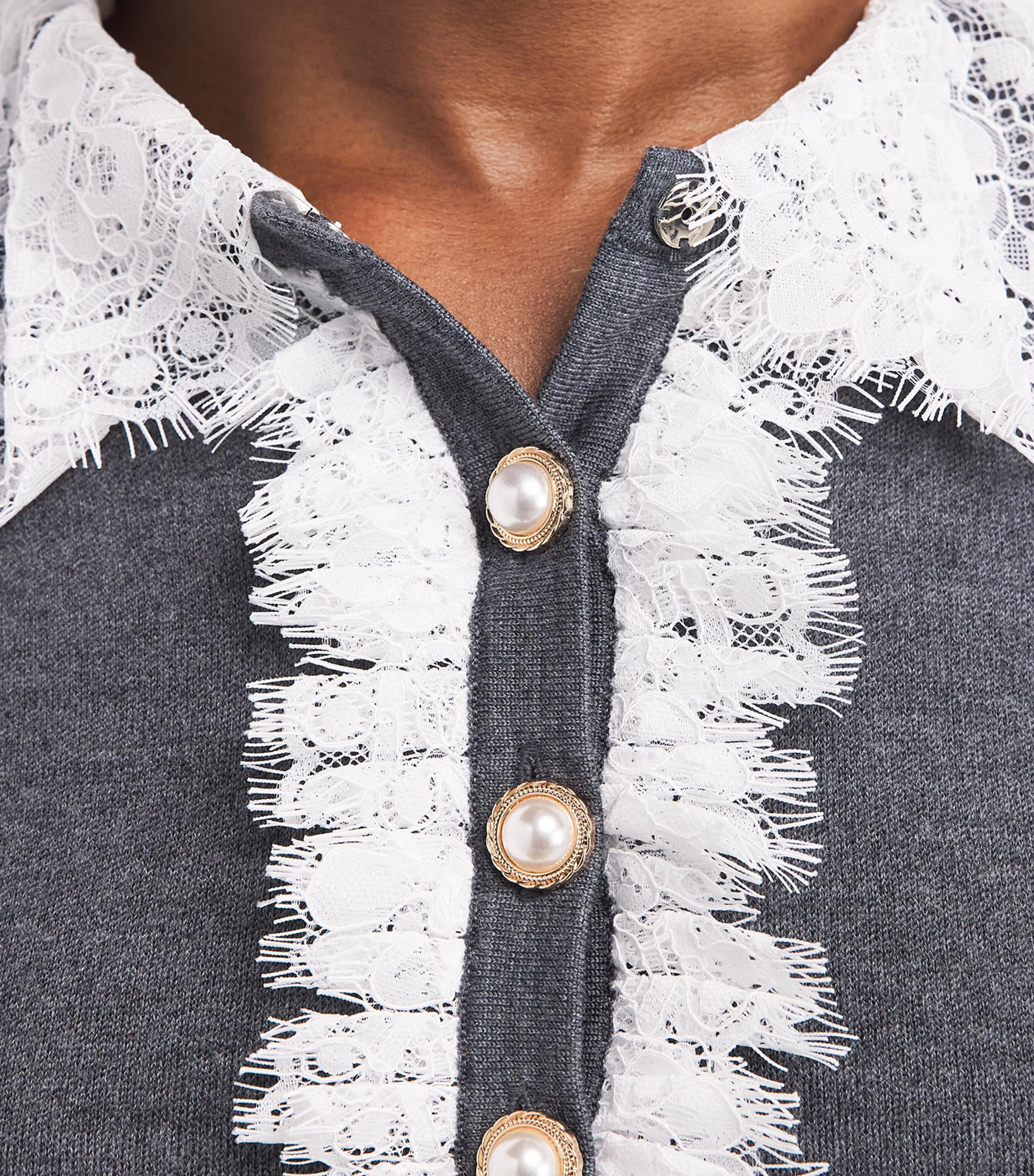 Self-Portrait Womens Wool Lace-Collar Cardigan Grey Image 3