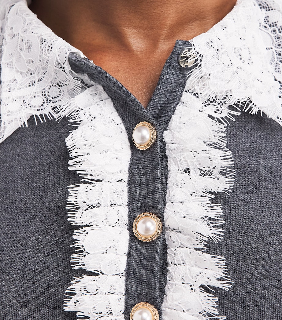 Self-Portrait Womens Wool Lace-Collar Cardigan Grey Image 3