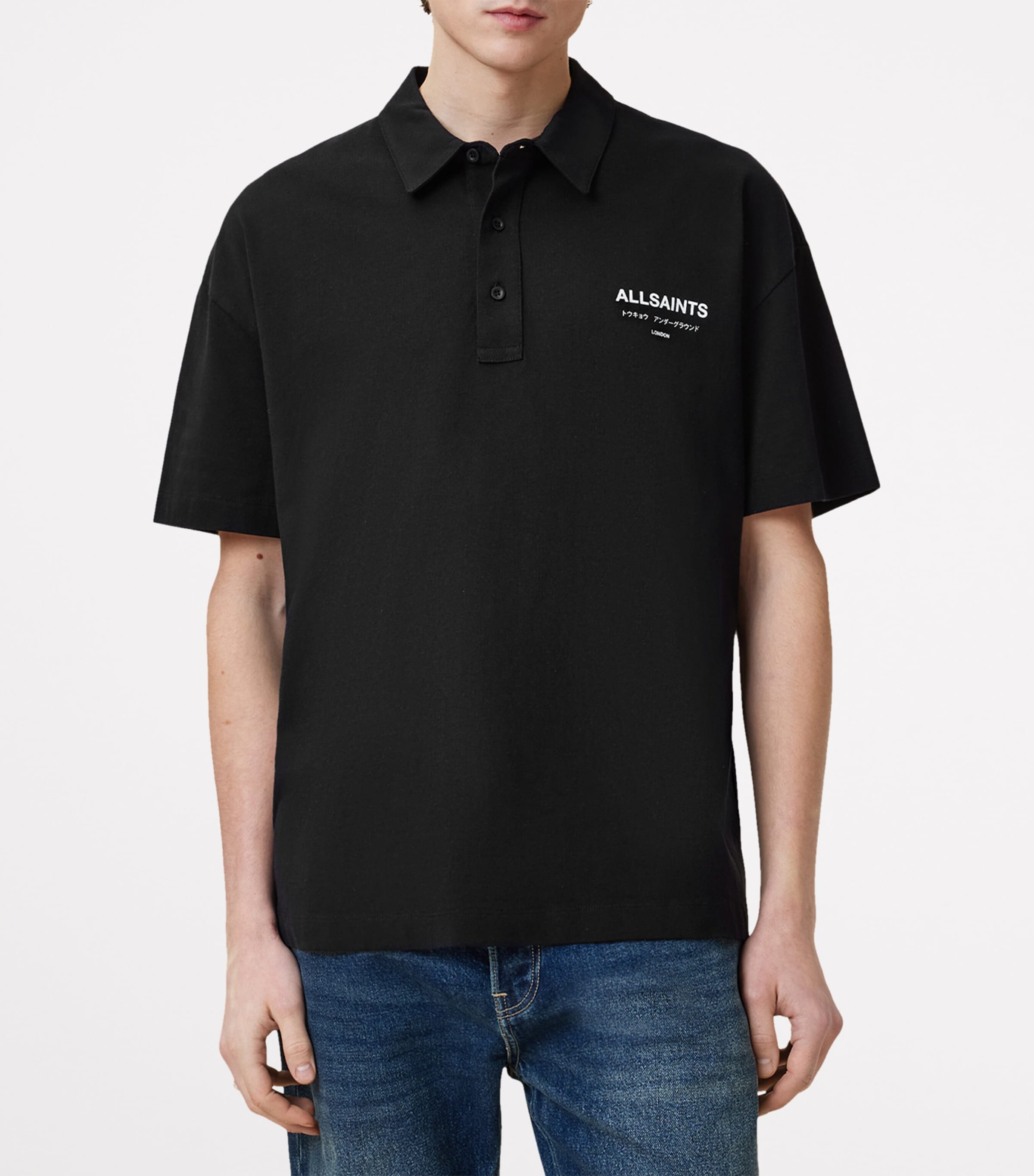 AllSaints Mens Organic Cotton Underground Polo Shirt Jet Black Image 3