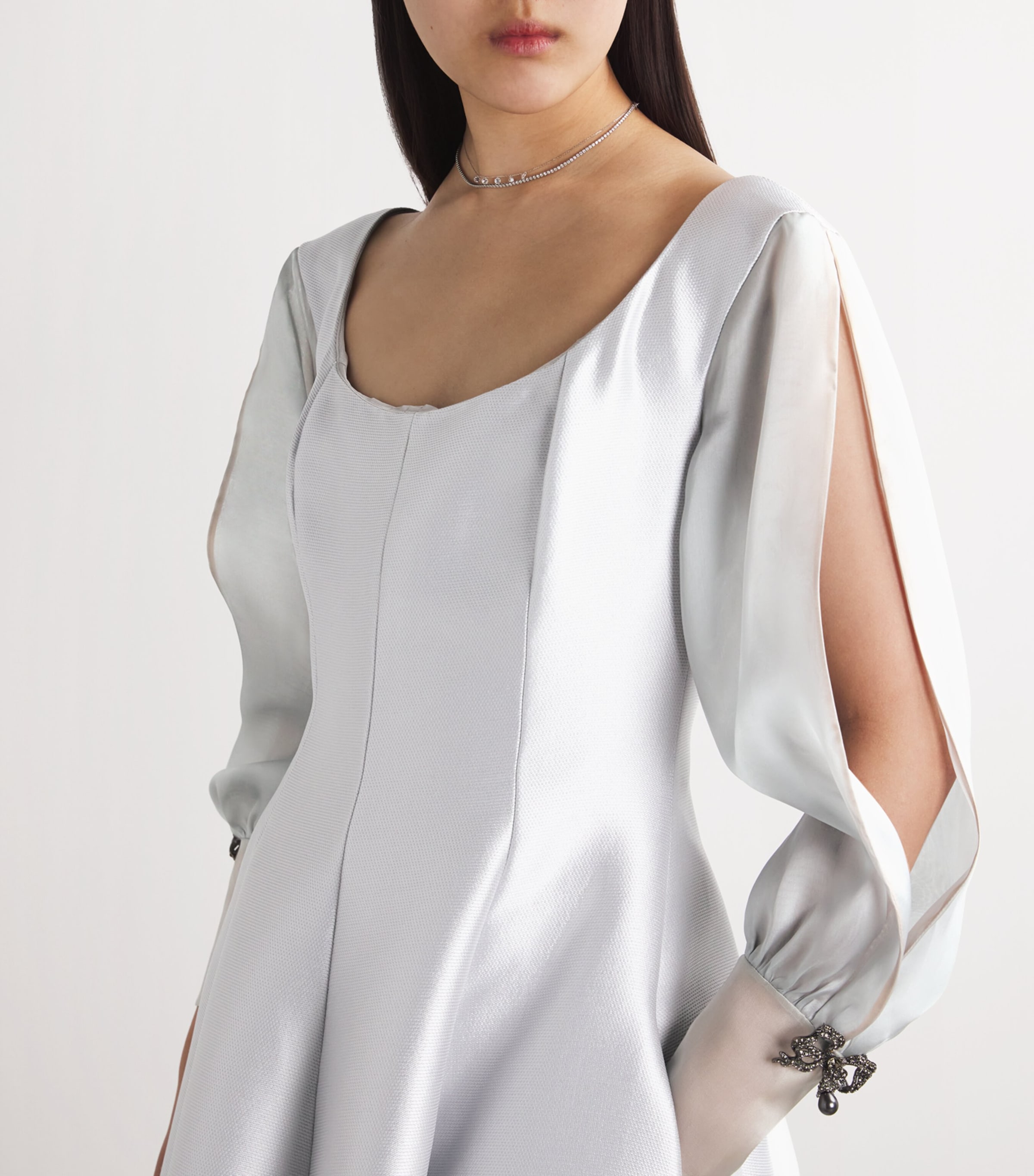 Piqué Organza-Sleeve Gown 71/GREY Image 4
