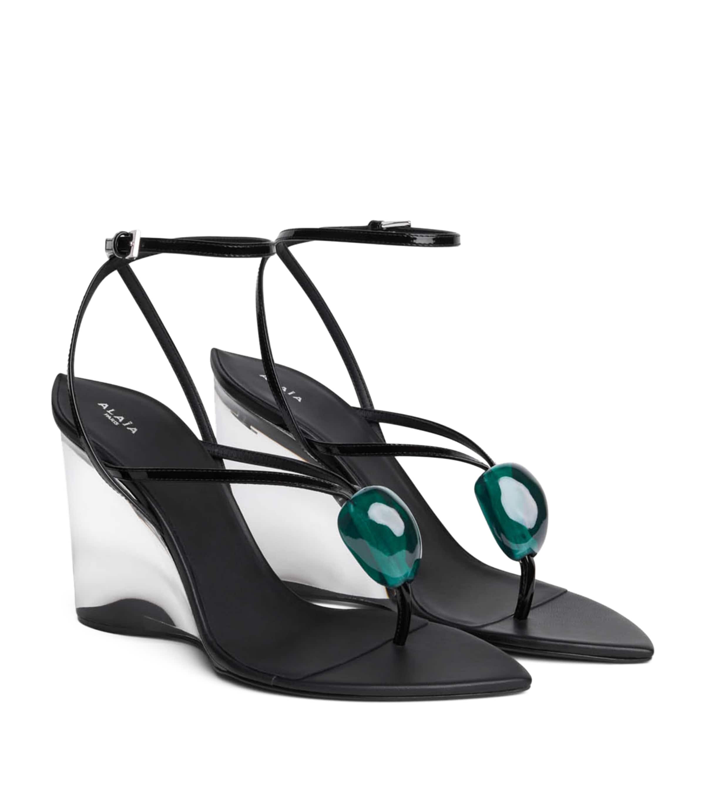 Alaïa Leather Invisible Jewel Wedge Sandals 90 Black Image 2