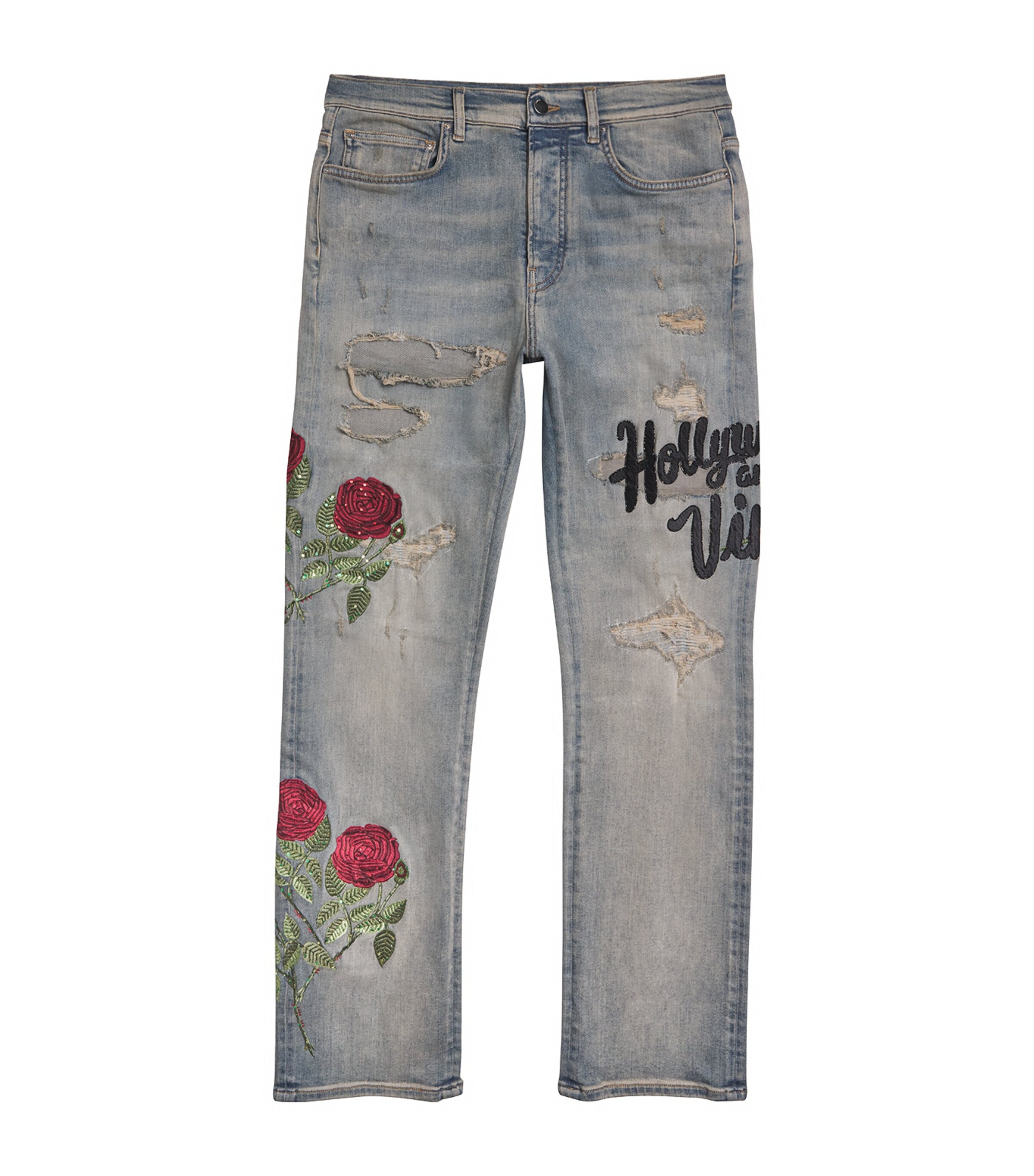 AMIRI Mens Floral Sequin Distressed Slim Jeans Antique Indigo Image 1