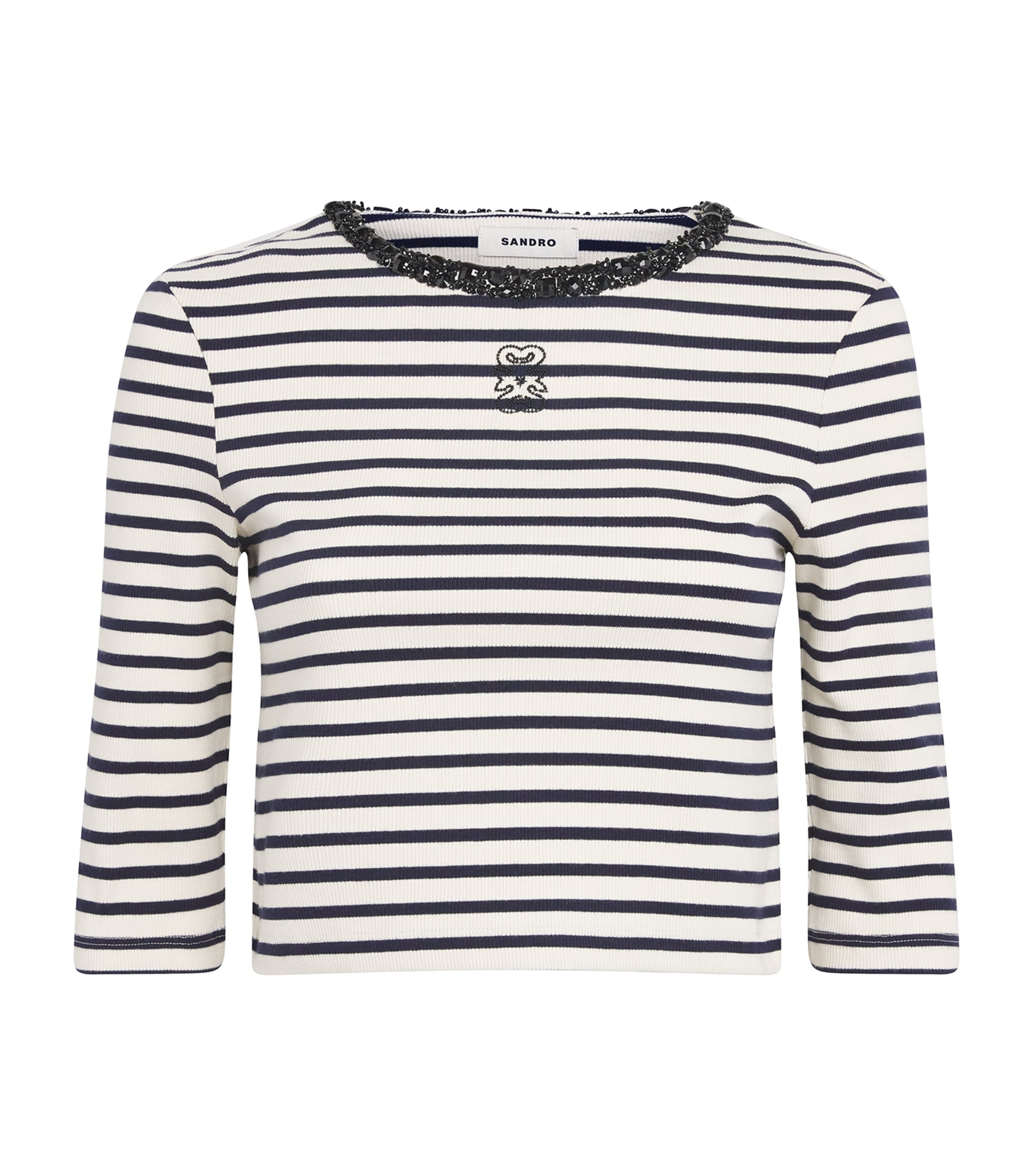 Sandro Paris Womens Stretch-Cotton Stripe Crop Top Navy Blue Image 1