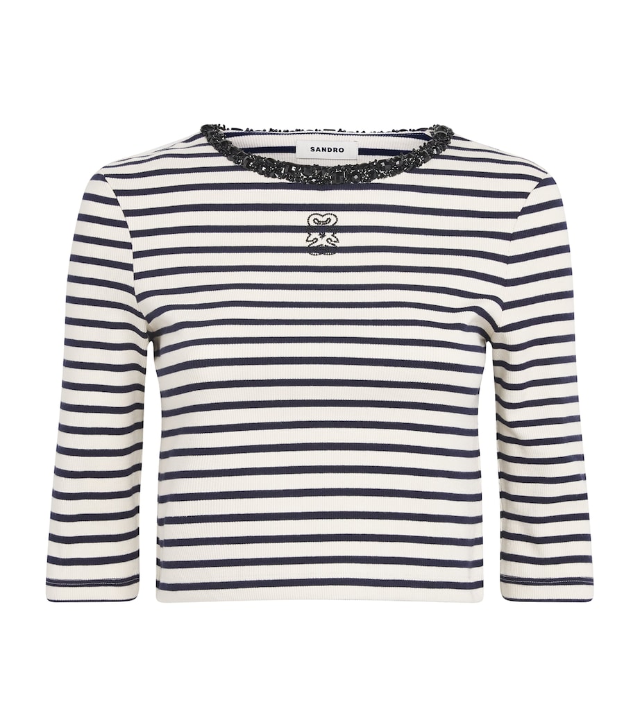 Sandro Paris Womens Stretch-Cotton Stripe Crop Top Navy Blue Image 1