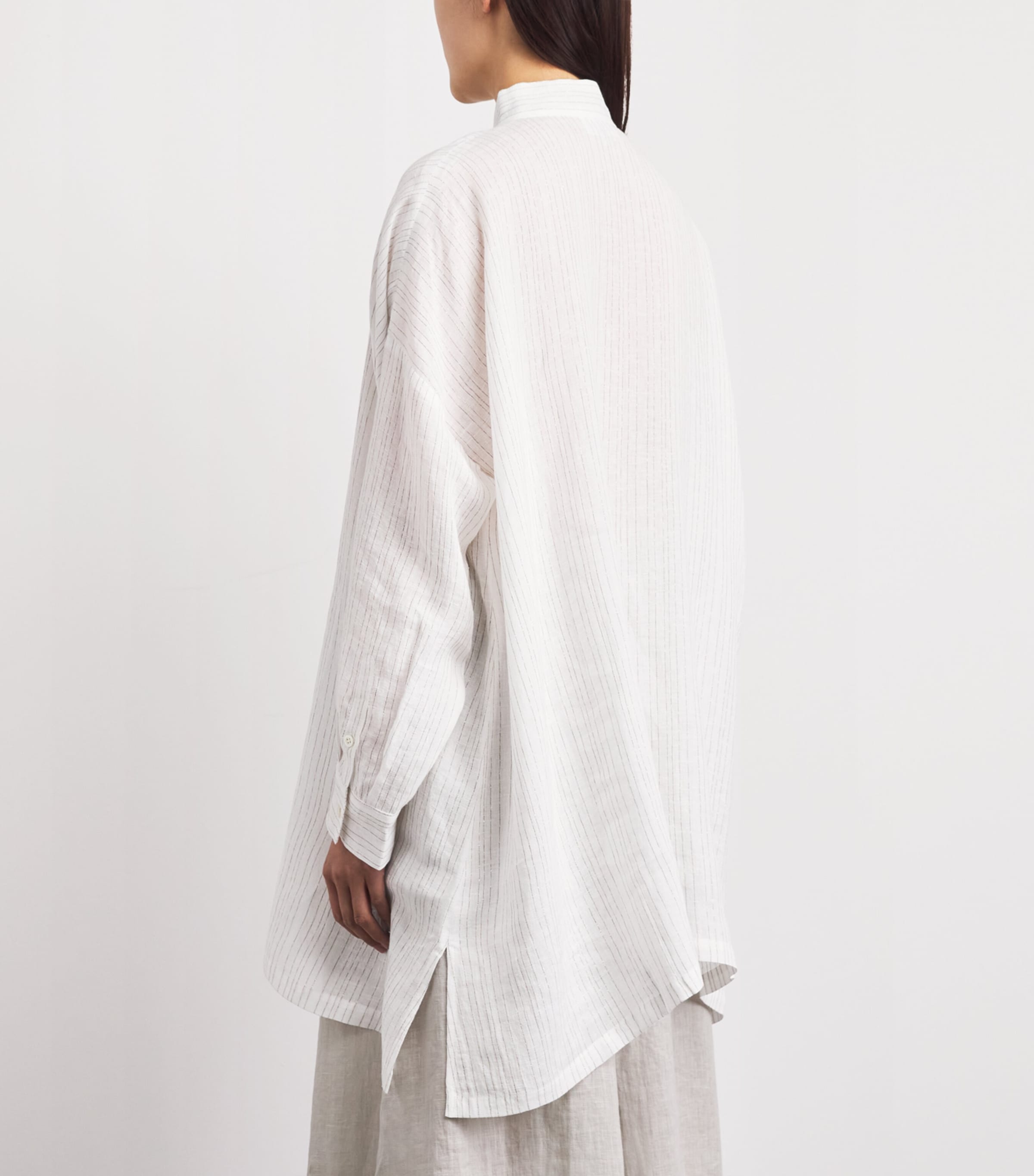 Eskandar Womens Linen-Blend Collarless Stripe Shirt White Image 5