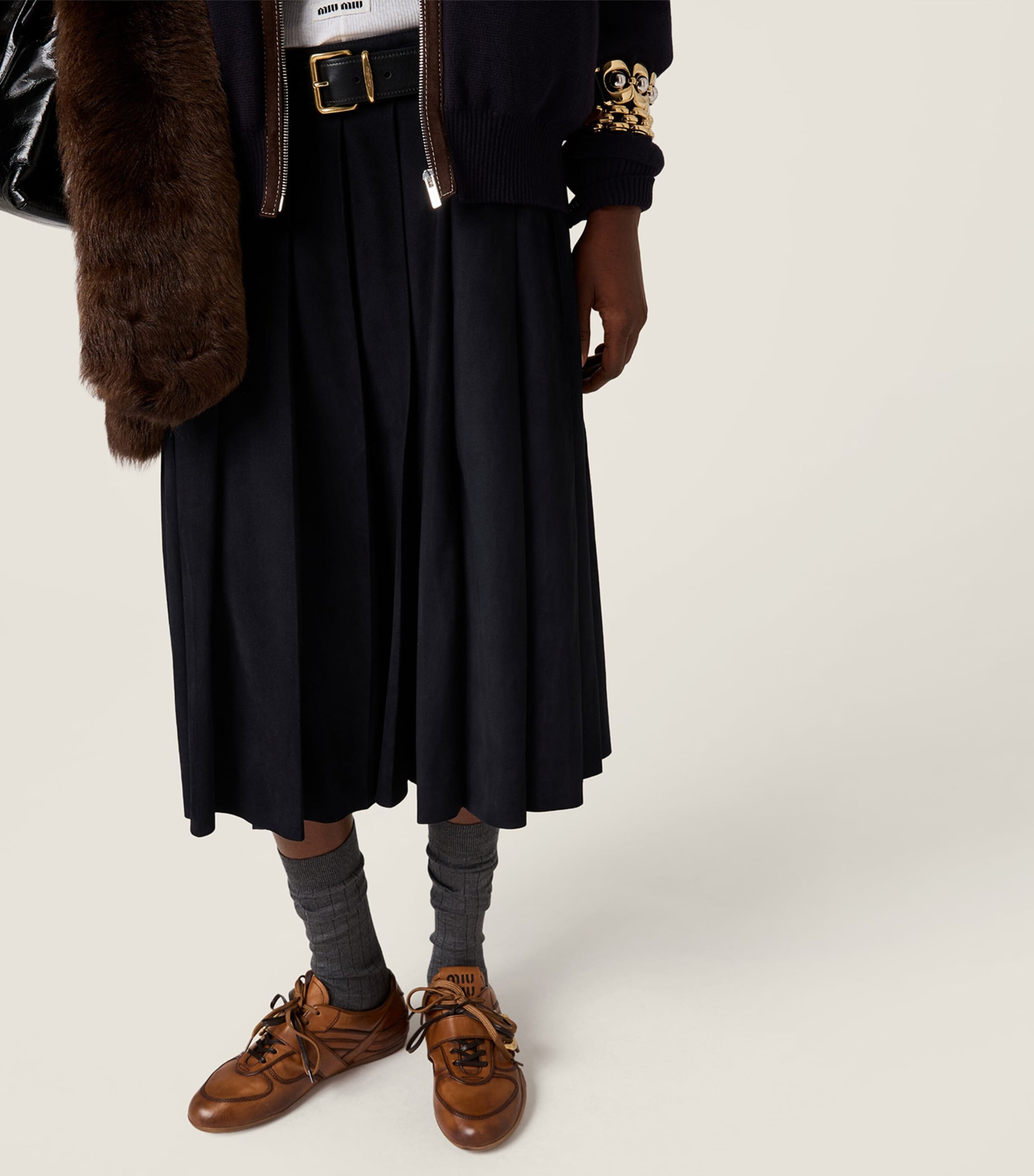 Waxed Suede Pleated Midi Skirt F0008 Image 4