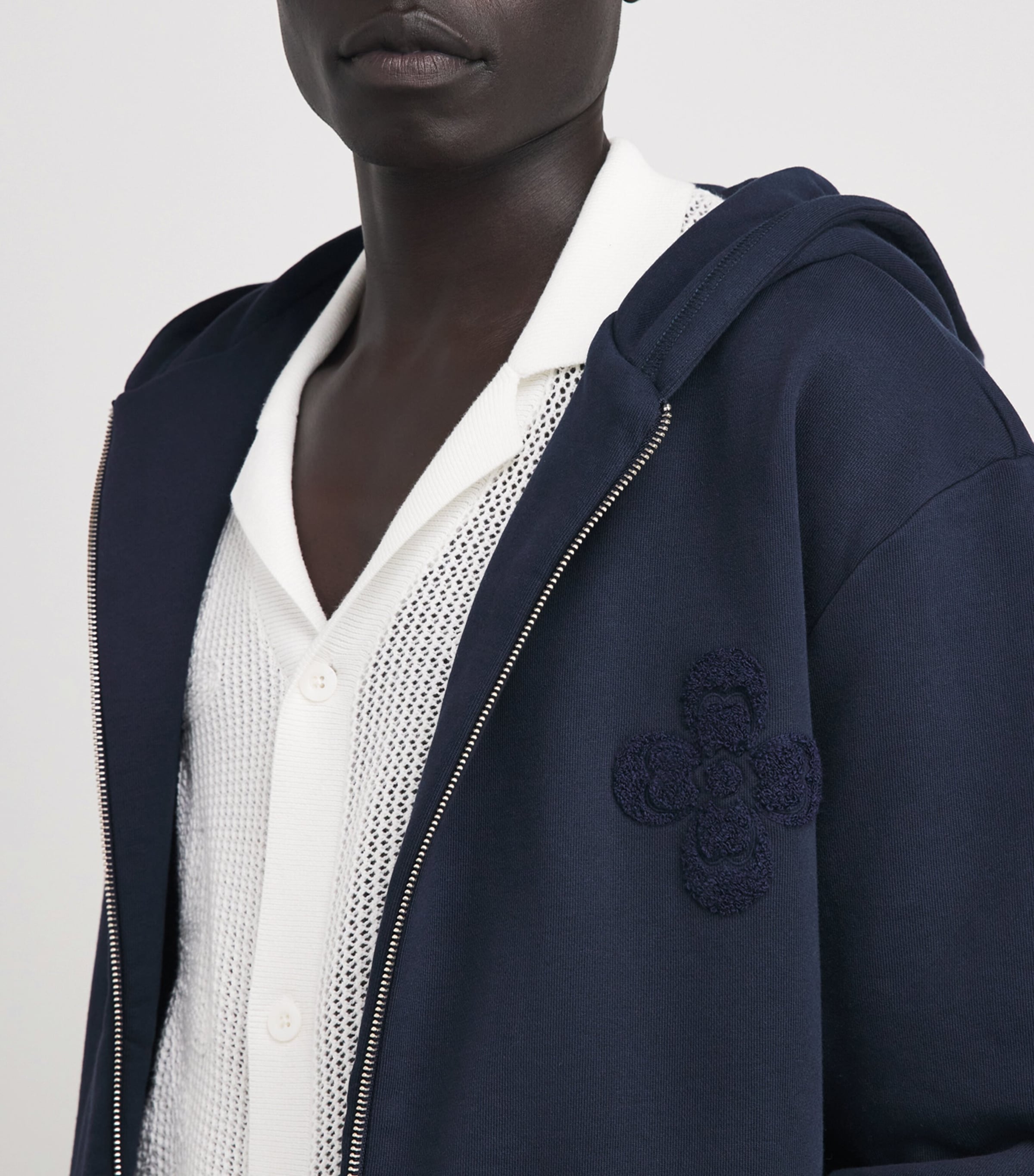 COMMAS Mens Cotton Floral Bouclé Hoodie Midnight Navy Image 3