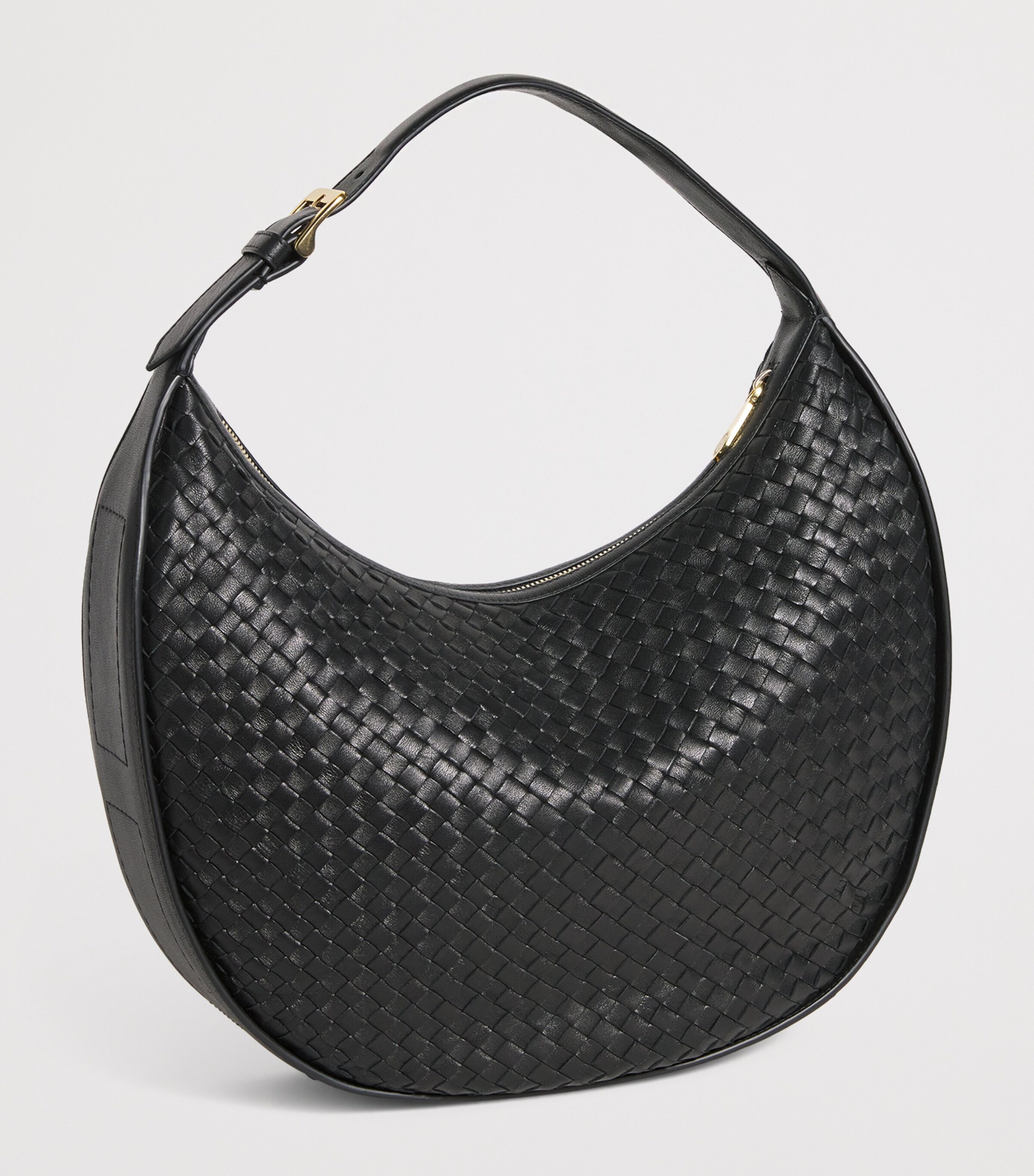 Large Leather Woven Crescent Shoulder Bag BLACK Image 3