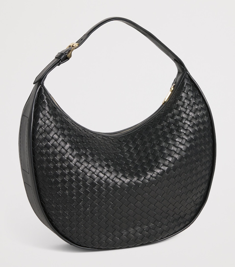 Large Leather Woven Crescent Shoulder Bag BLACK Image 3