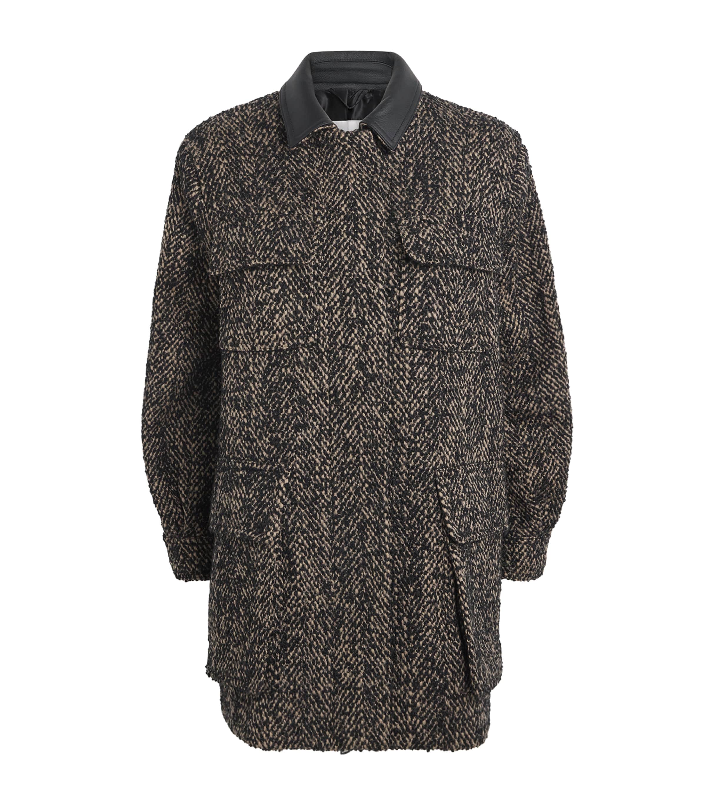 Max Mara Angio Herringbone Leather-collar Jacket In Gray