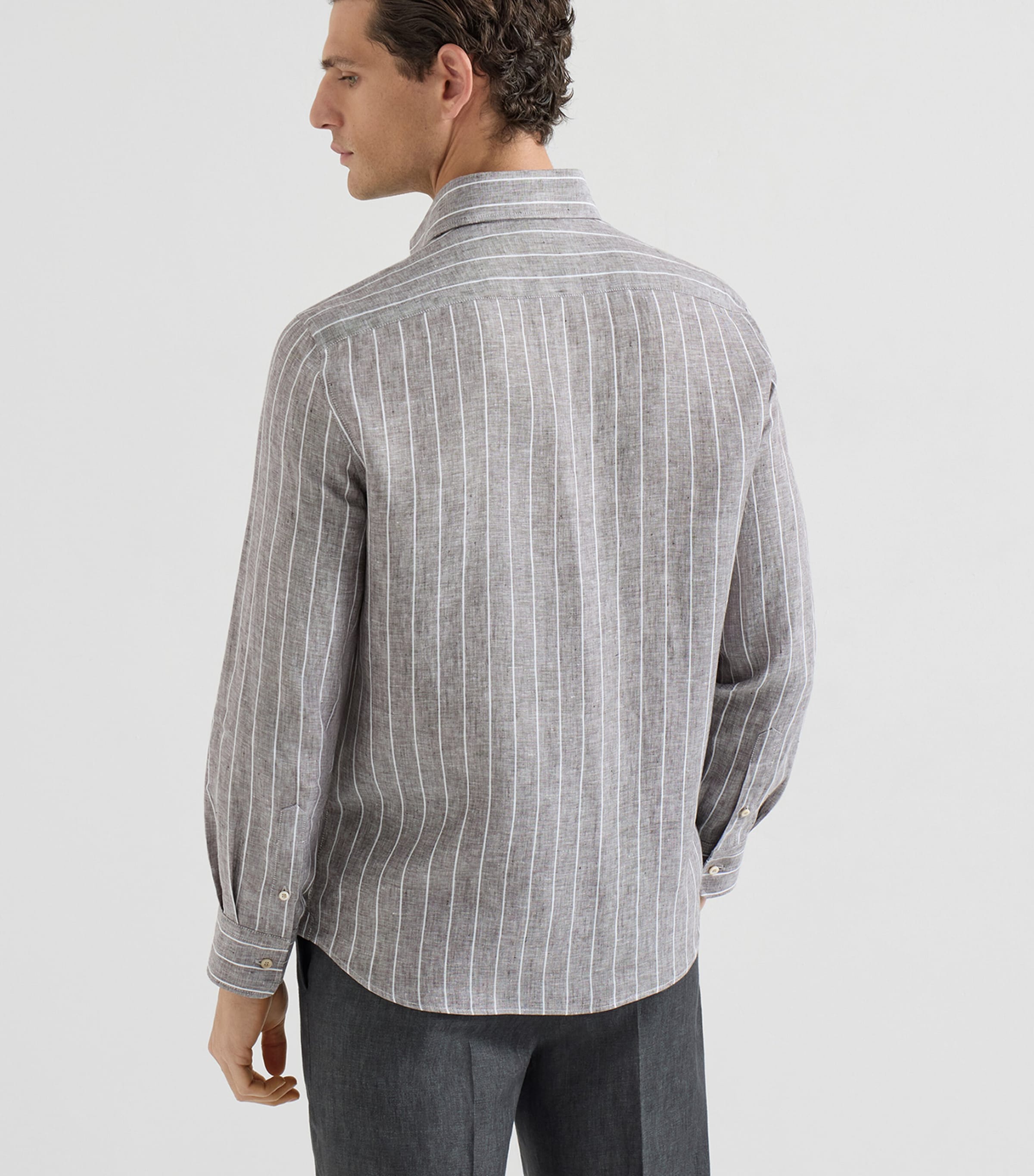 Brunello Cucinelli Brown Linen Chalk Stripe Shirt | Harrods US