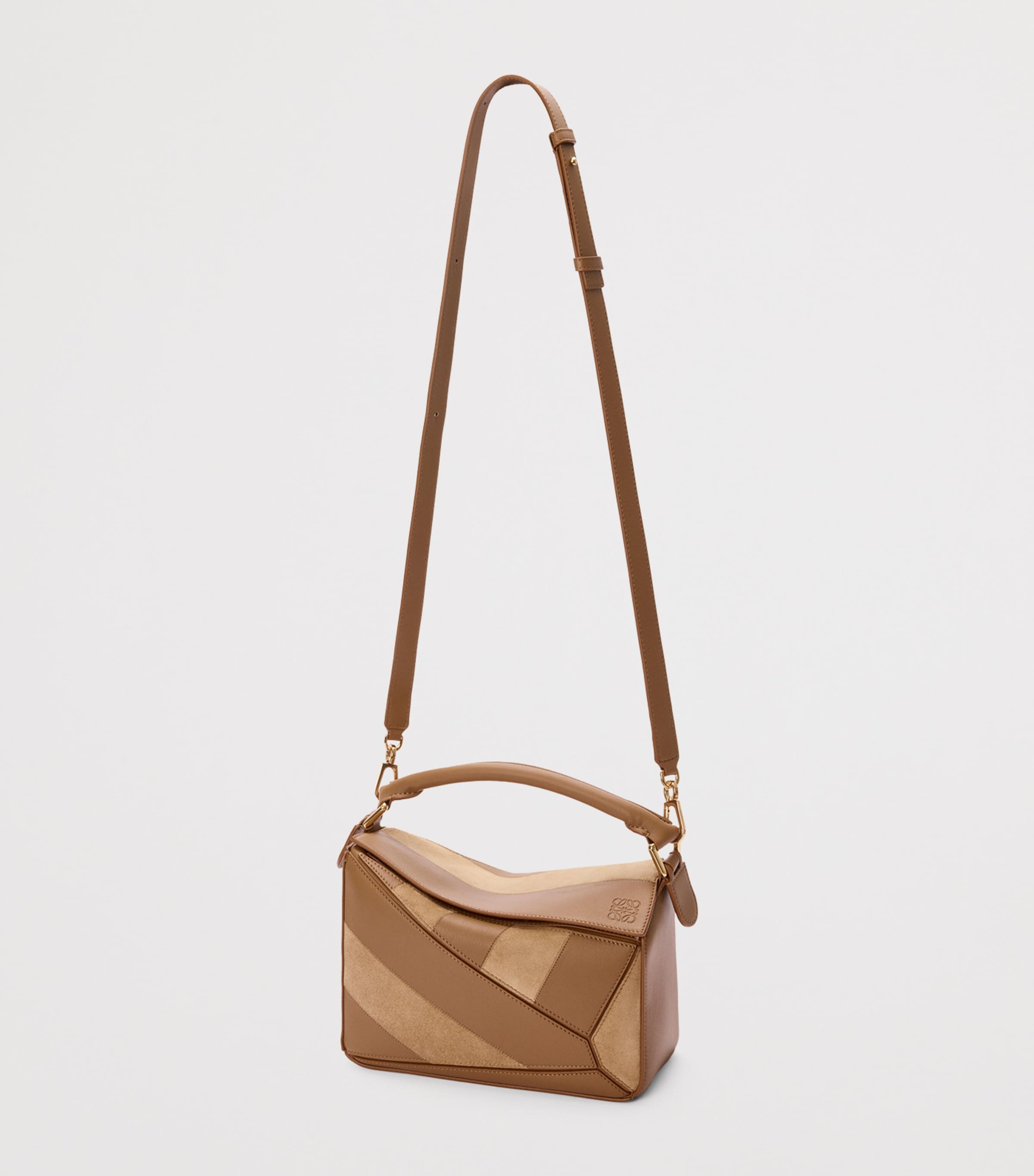 Small Leather Stripe Puzzle Edge Top-Handle Bag OAK Image 6