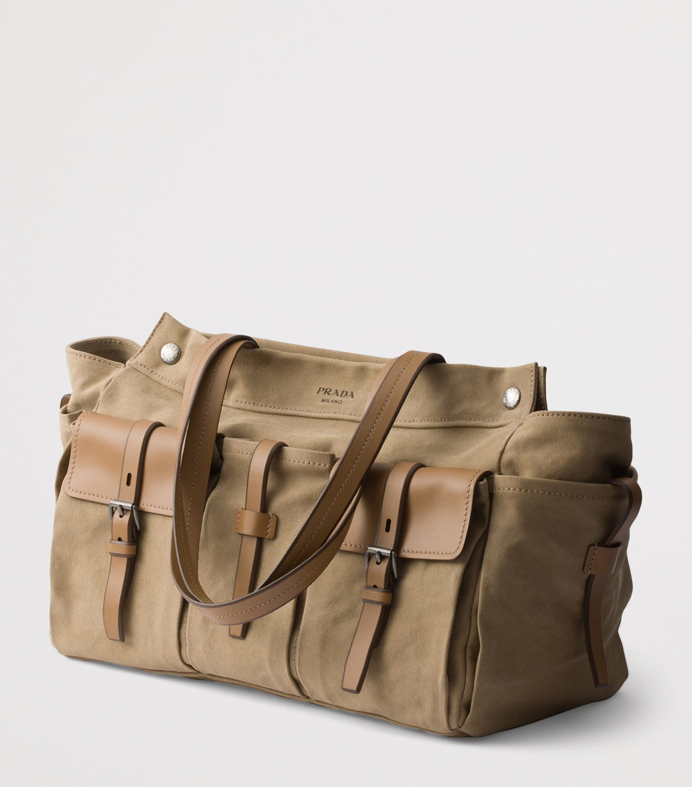 Prada Cotton-Leather Route Tote Bag Neutral Image 5