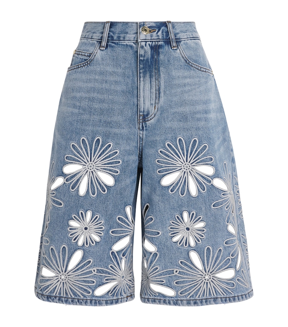 Sandro Paris Womens Open-Work Embroidered Denim Shorts Blue Jean Image 1