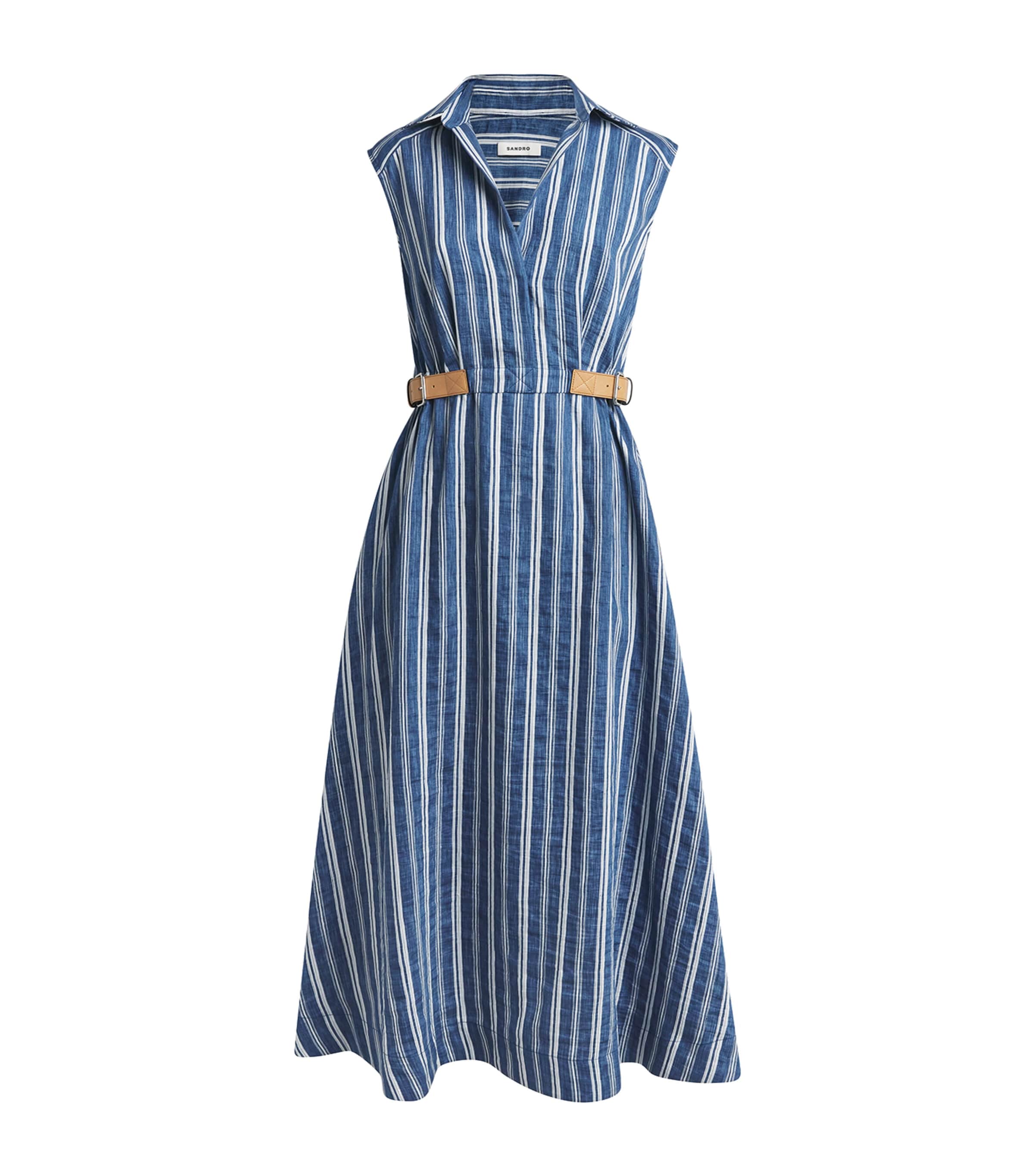 Sandro Paris Womens Belted Stripe Midi Shirt Dress Blu / White Image 1