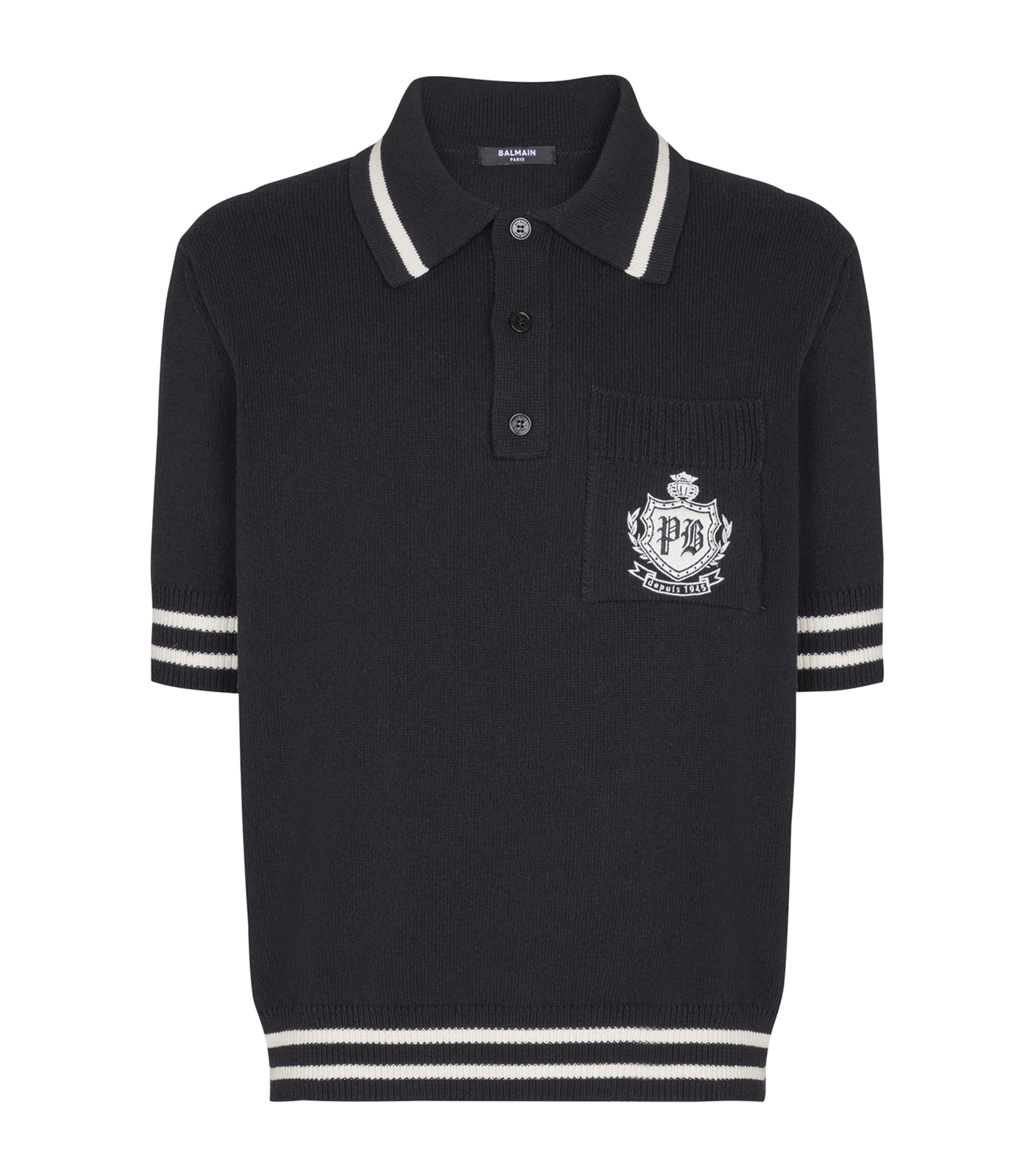 Balmain Striped Collar Short Sleeve Polo Shirt In Black