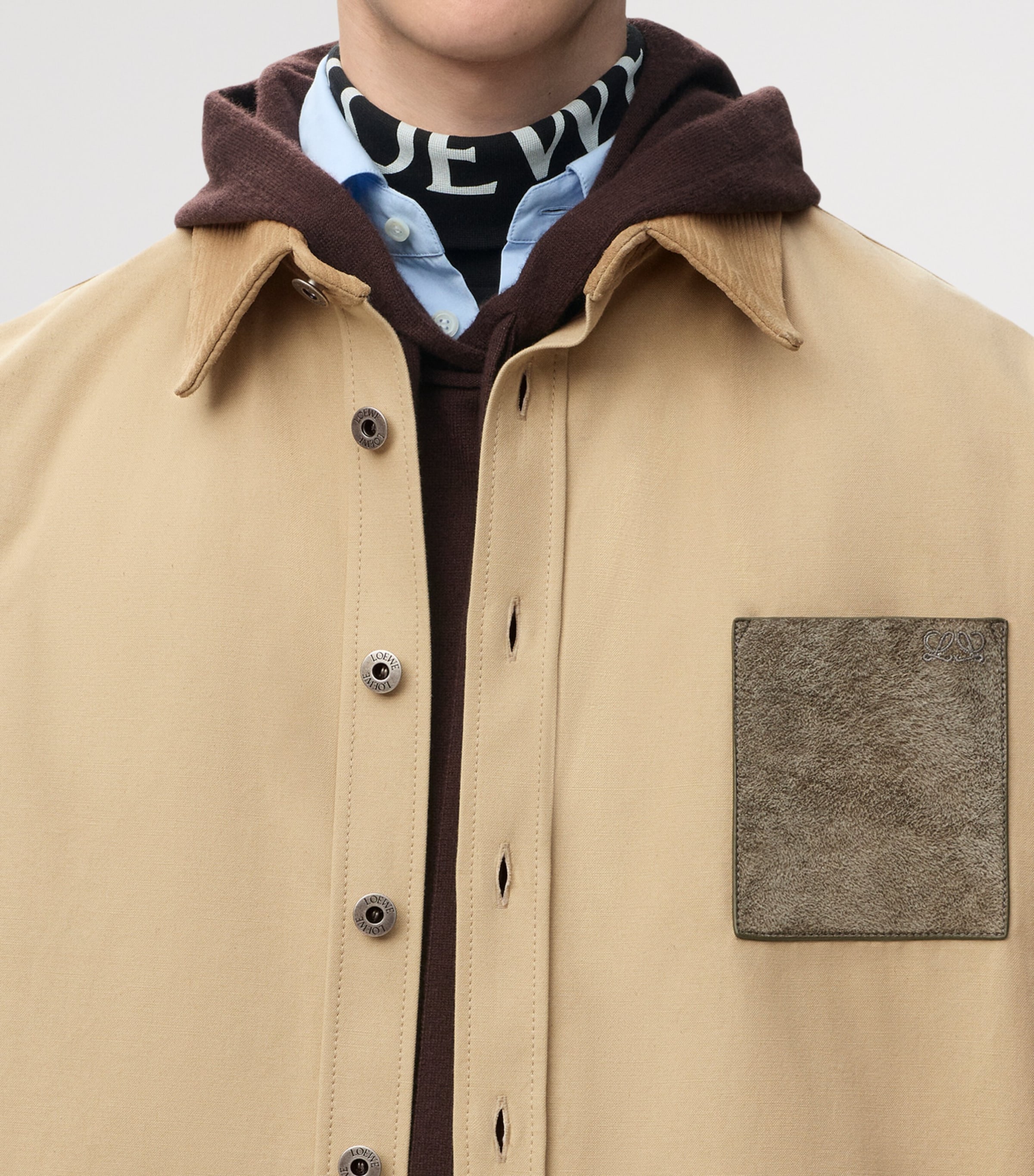 LOEWE Mens Leather-Trim Overshirt Beige Image 5