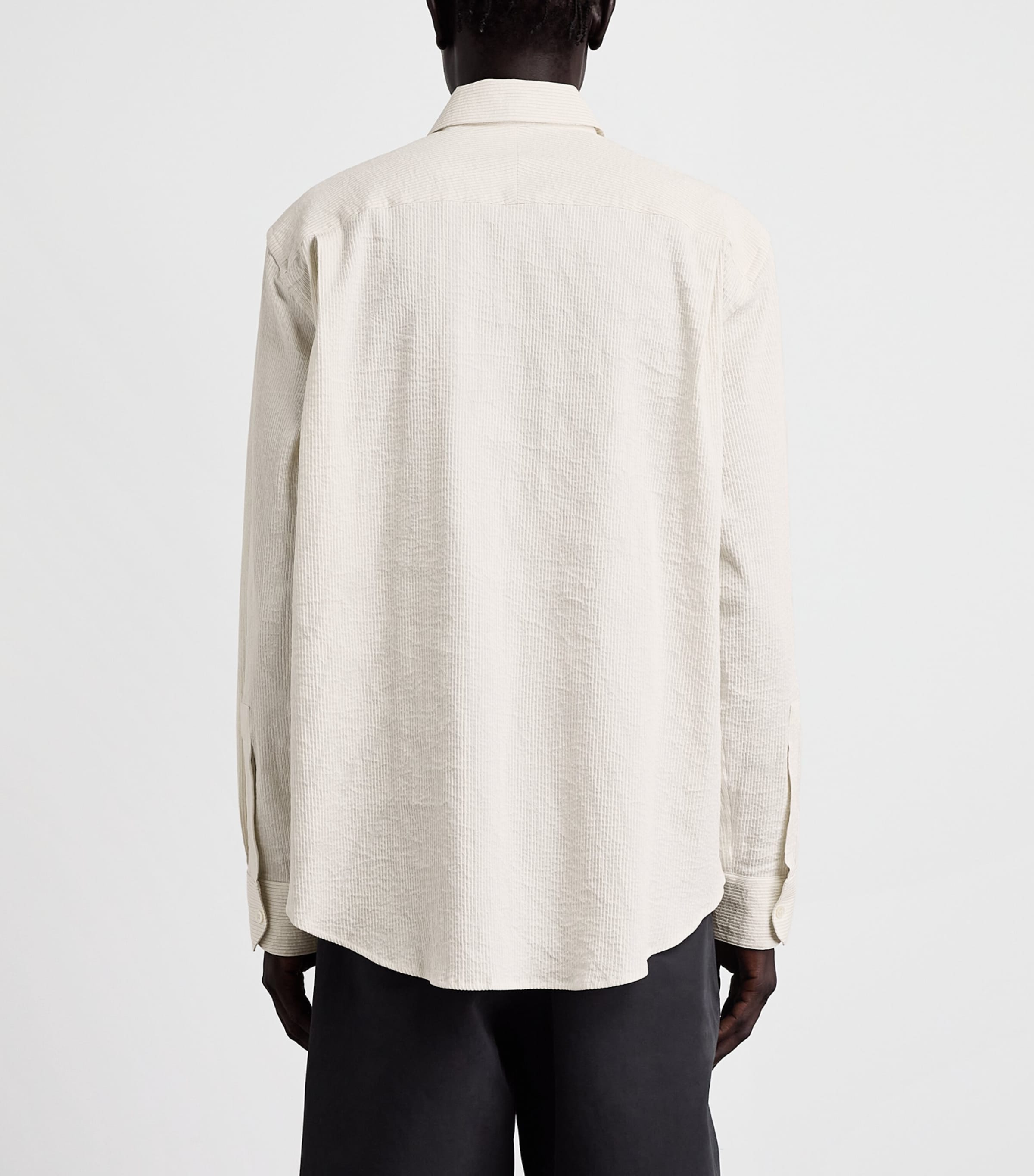 Studio Nicholson Mens Cotton-Linen Seersucker Stripe Shirt Parchment / Blk Strp Image 5