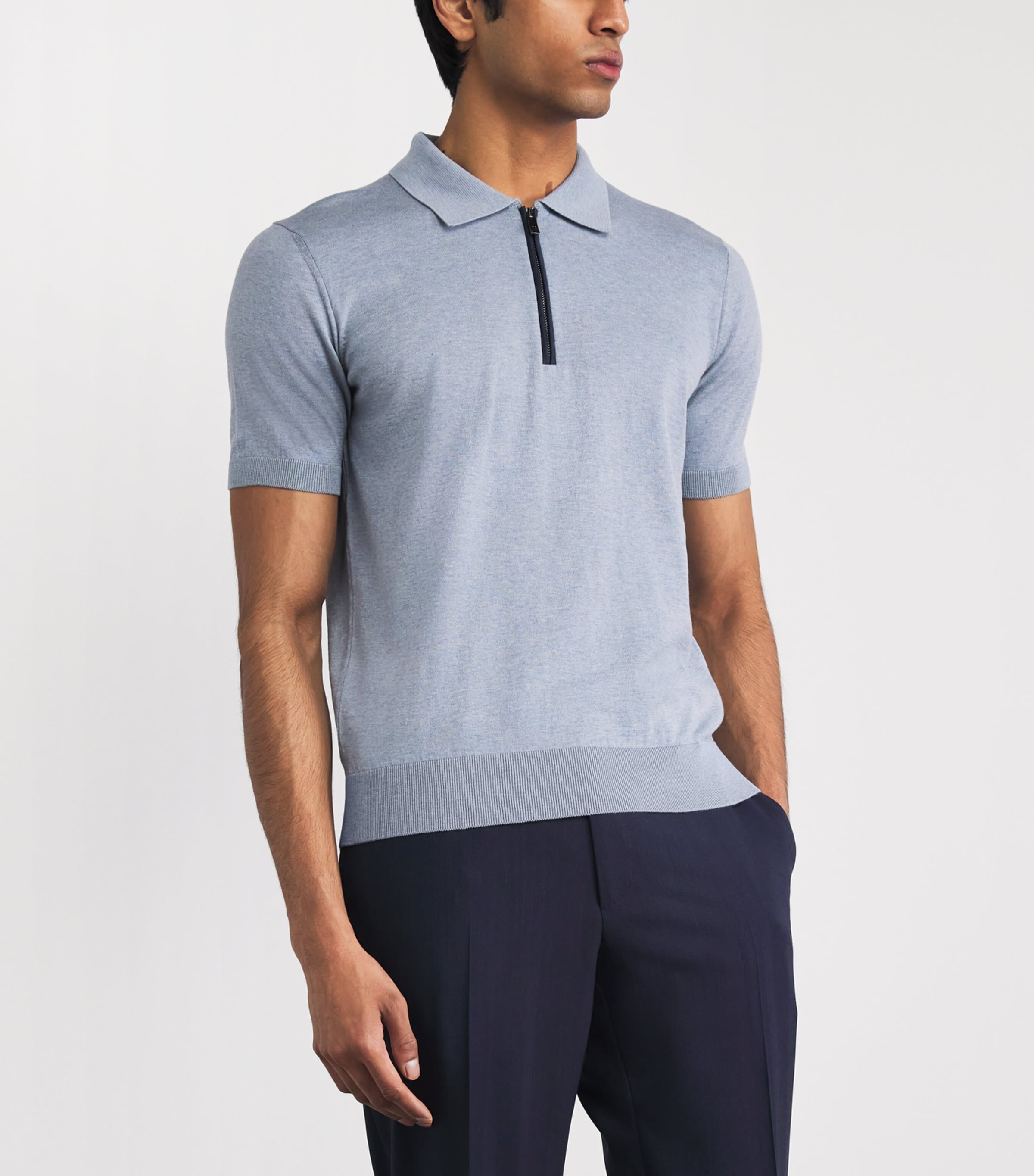 Pal Zileri Mens Cotton Zip-Up Polo Shirt Light Blue Image 4